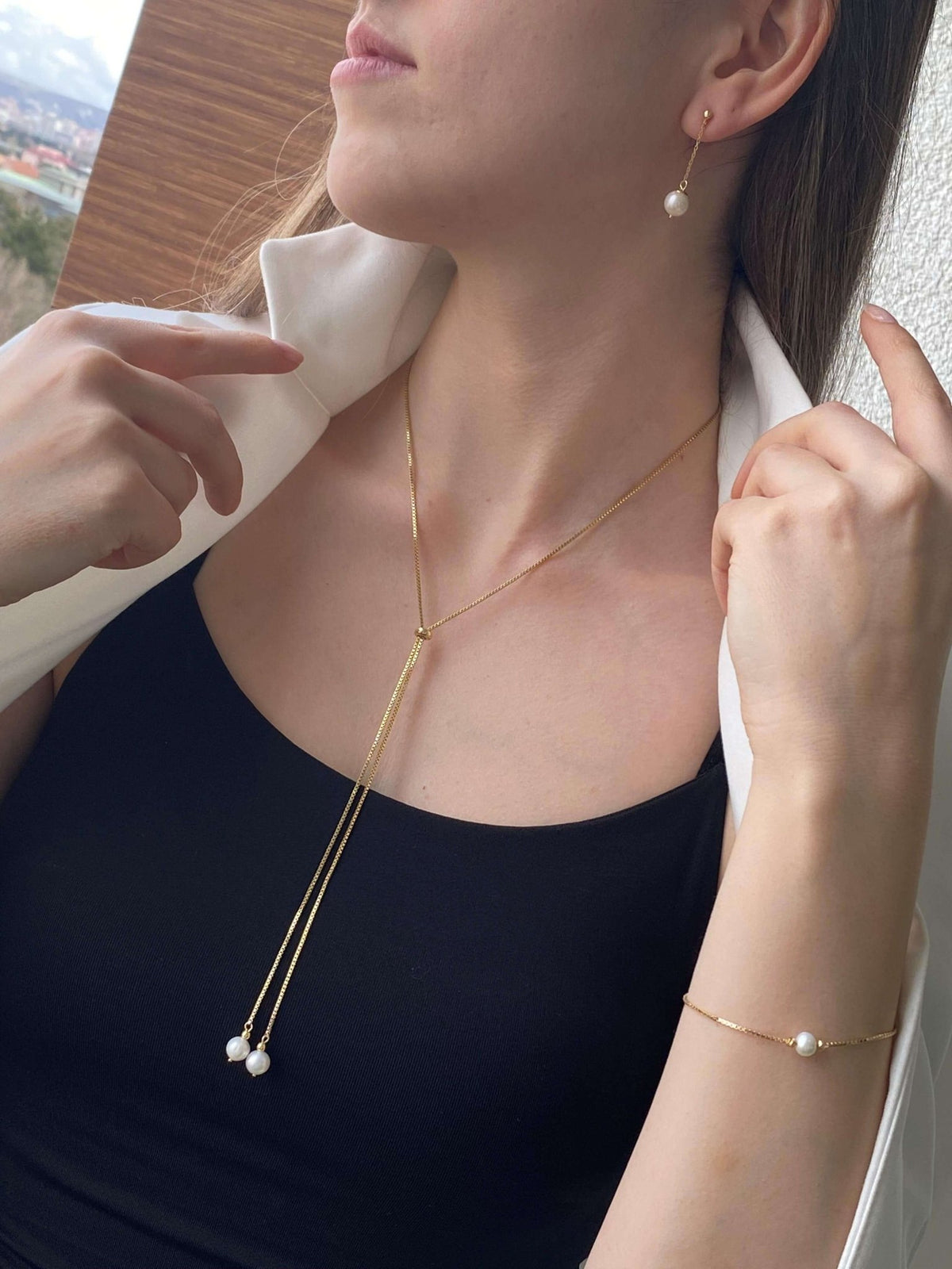 Zincirli Asansör Model Doğal İnci Küpe Kolye Bileklik Üçlü Set | | Birinci1926