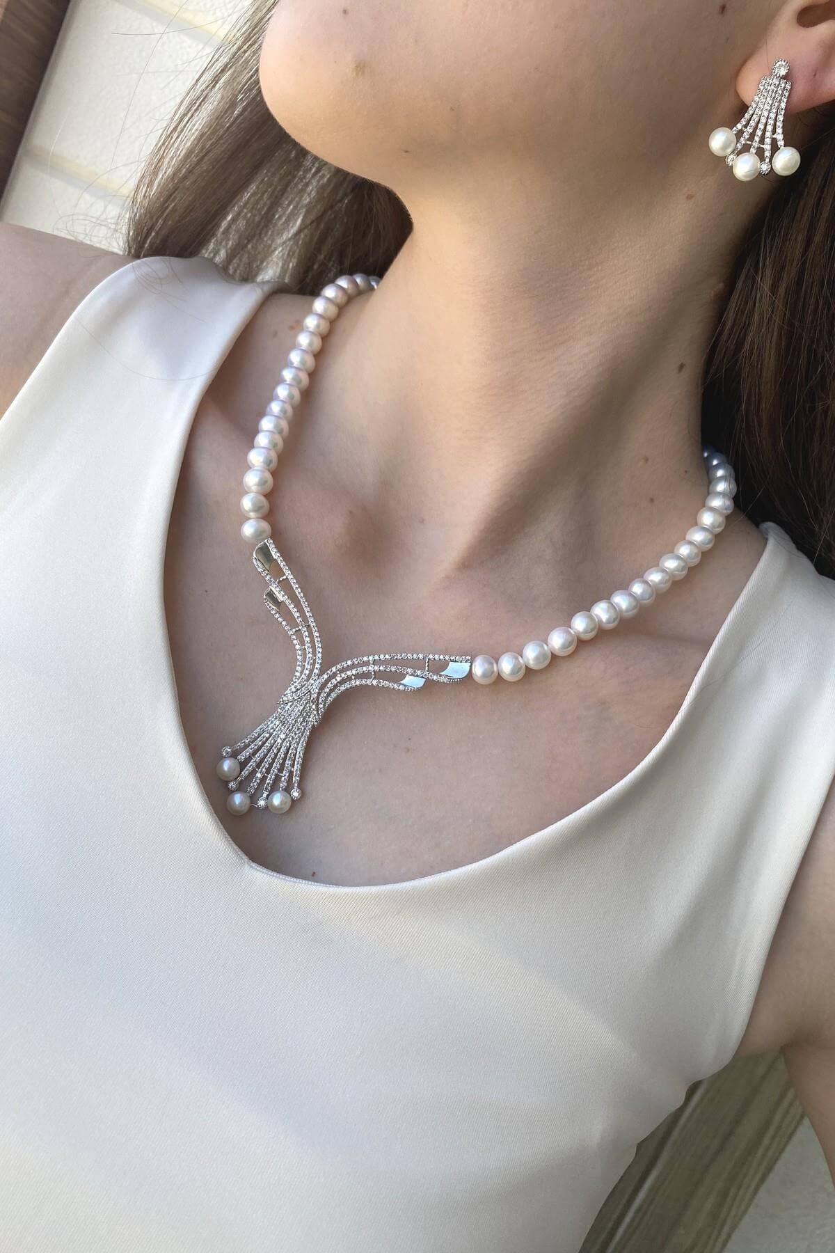 Zirkon Taşlı Doğal İnci Küpe Kolye İkili Set | | Birinci1926