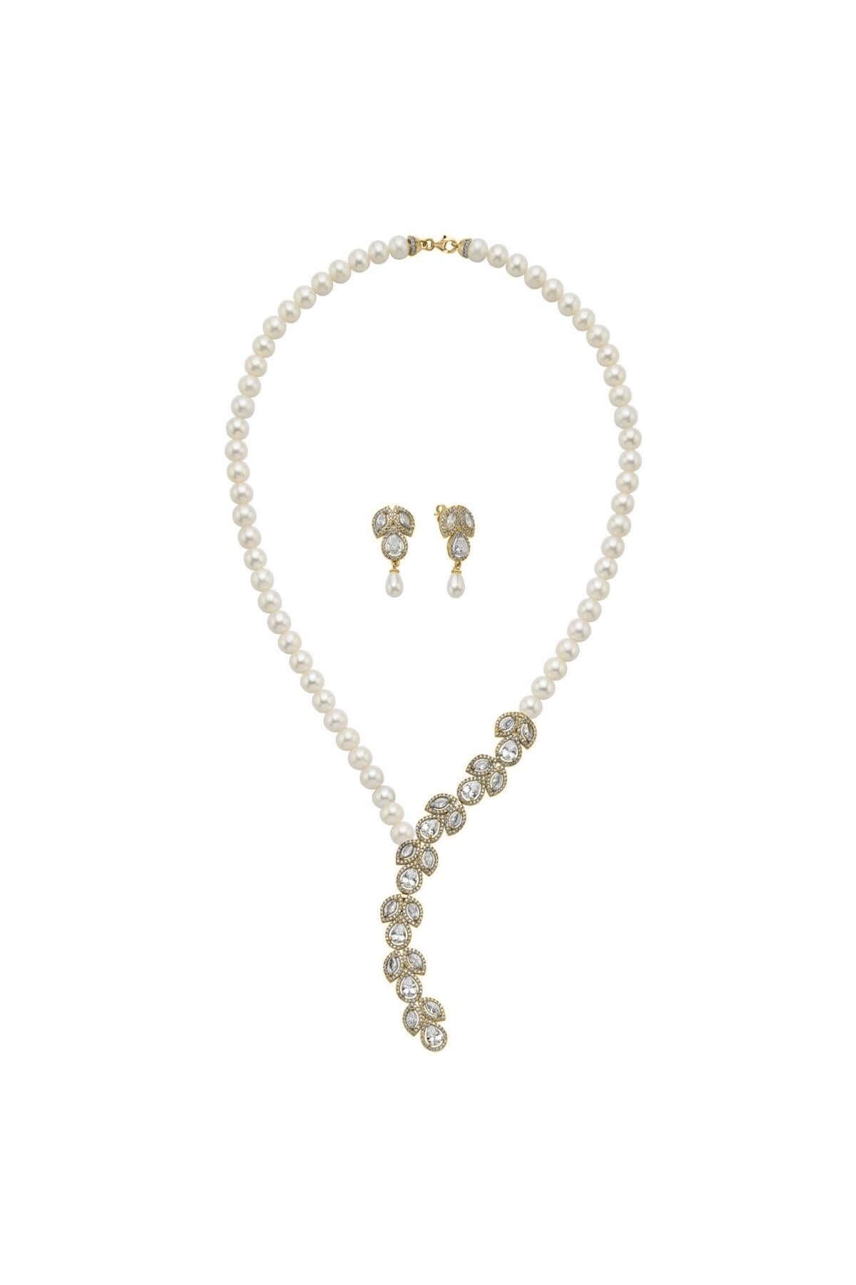 Zirkon Taşlı Doğal İnci Küpe Kolye İkili Set | | Birinci1926