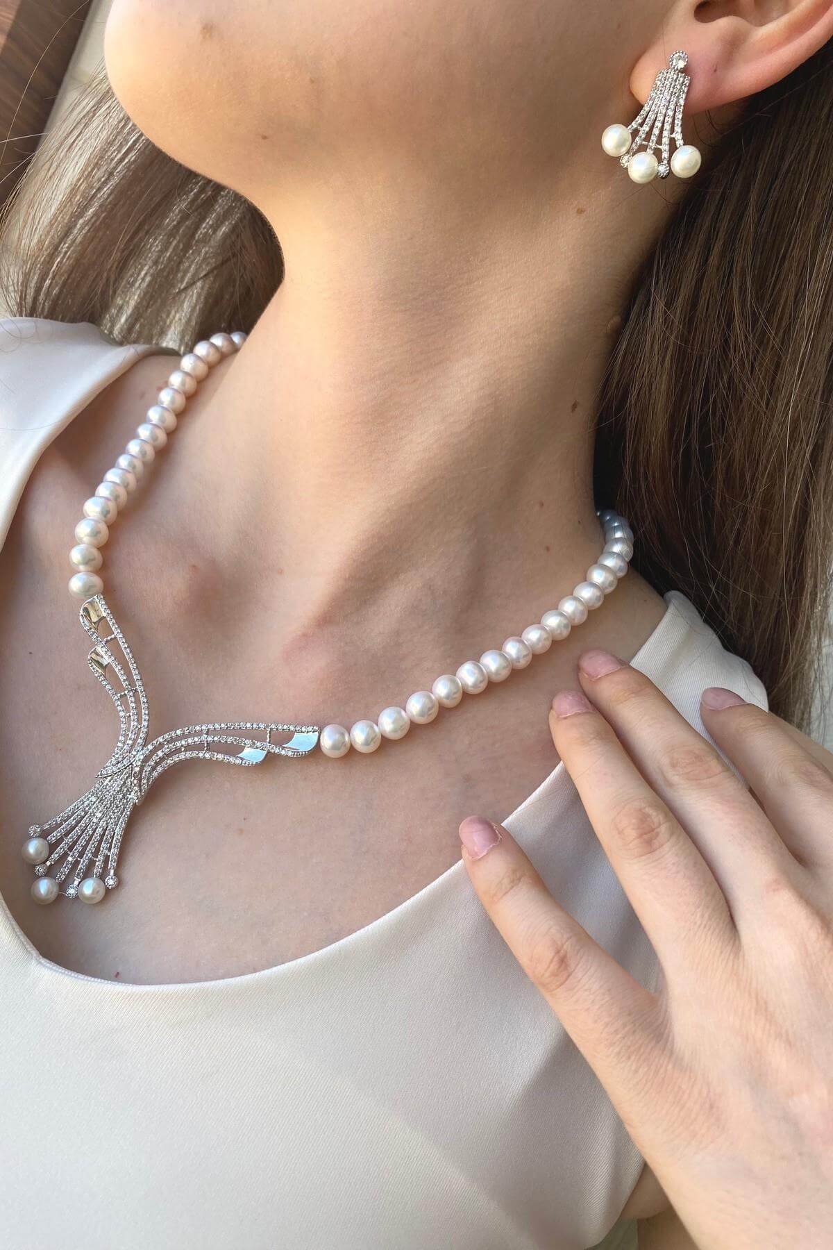 Zirkon Taşlı Doğal İnci Küpe Kolye İkili Set | | Birinci1926