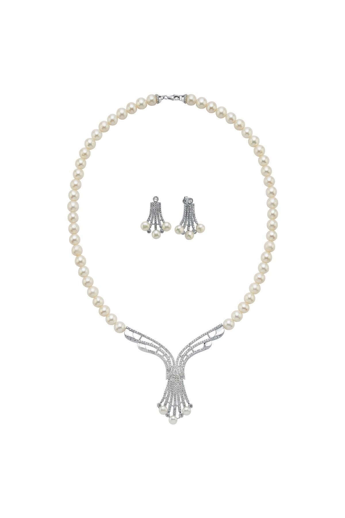 Zirkon Taşlı Doğal İnci Küpe Kolye İkili Set | | Birinci1926