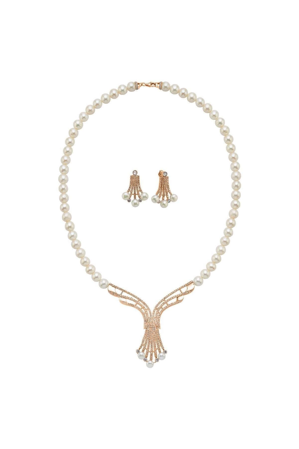 Zirkon Taşlı Doğal İnci Küpe Kolye İkili Set | | Birinci1926