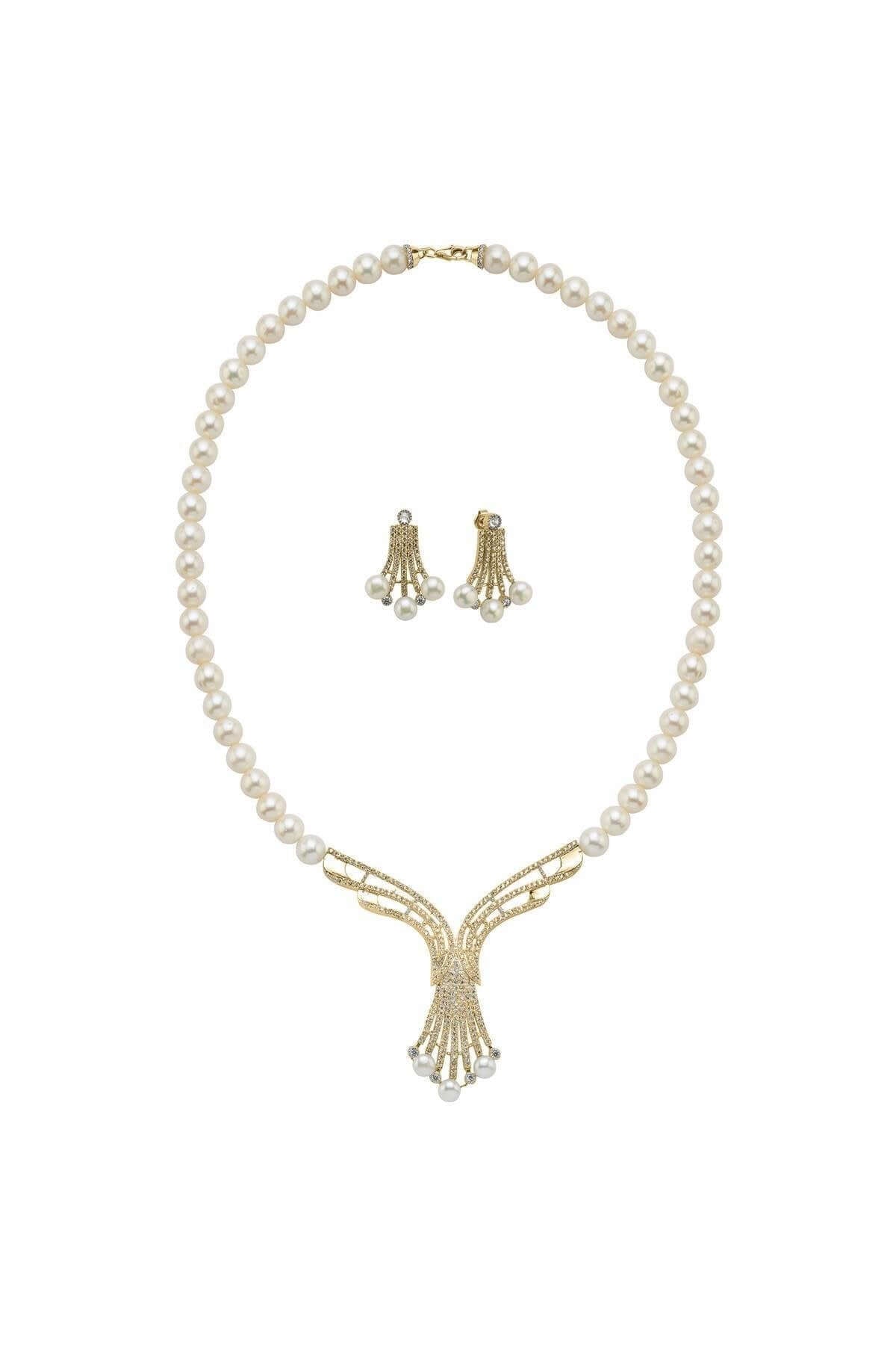 Zirkon Taşlı Doğal İnci Küpe Kolye İkili Set | | Birinci1926