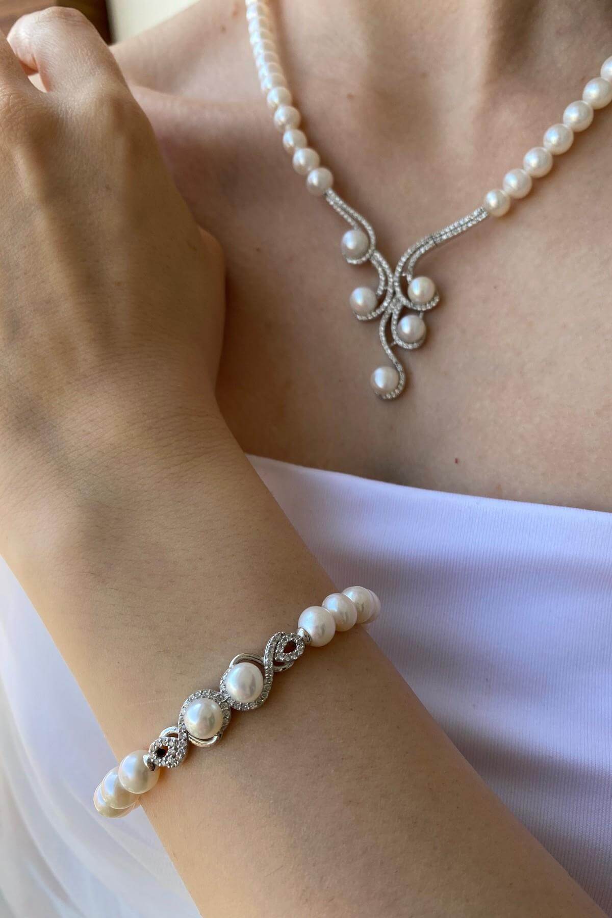 Zirkon Taşlı Suyolu Doğal İnci Kolye Bileklik İkili Set | | Birinci1926