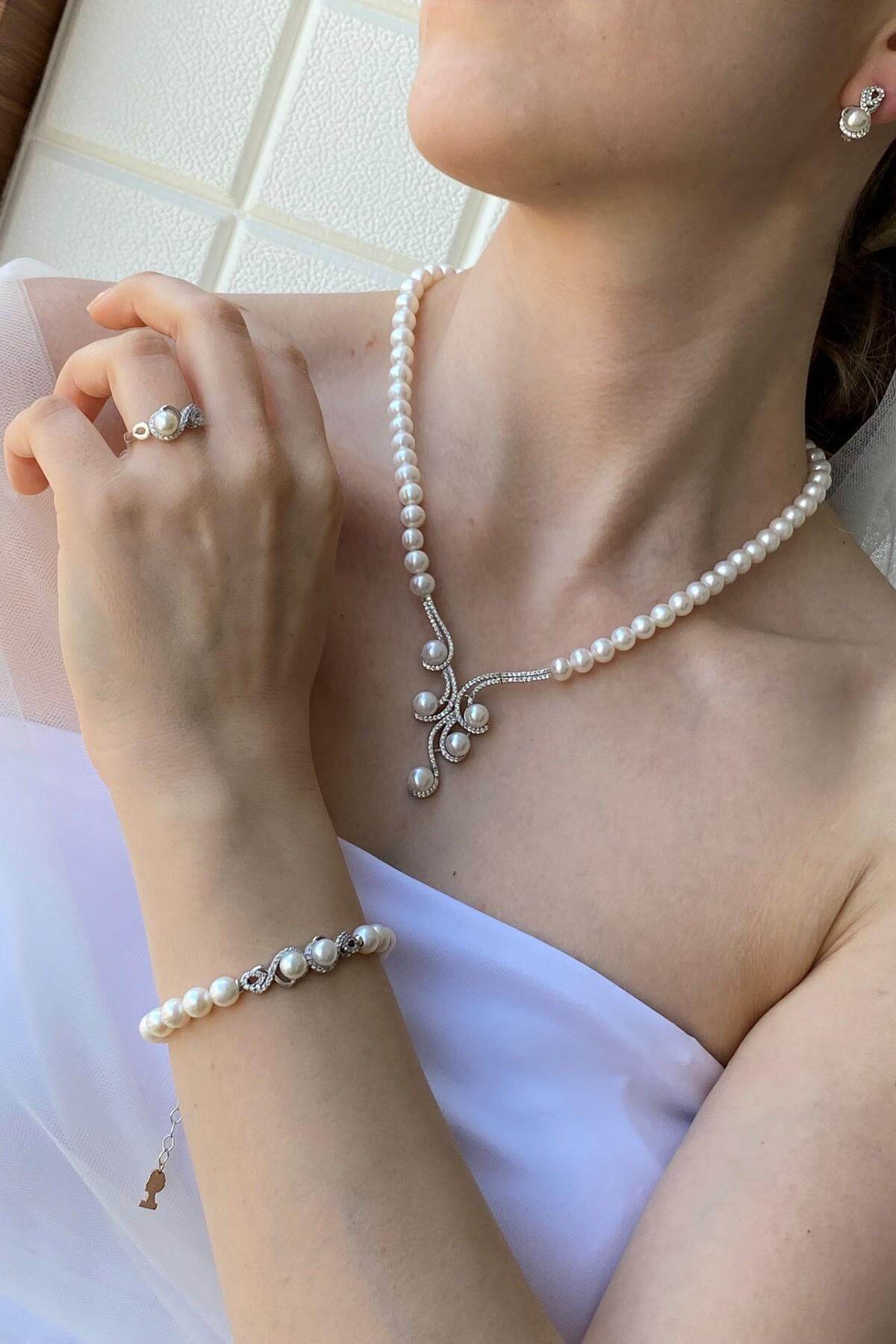 Zirkon Taşlı Suyolu Doğal İnci Küpe Kolye Bileklik Yüzük Dörtlü Set | | Birinci1926