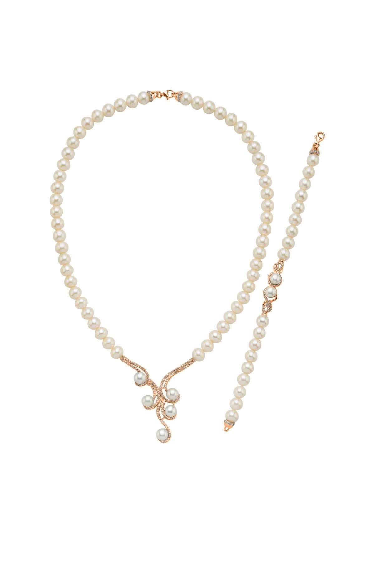 Zirkon Taşlı Suyolu Doğal İnci Kolye Bileklik İkili Set | | Birinci1926