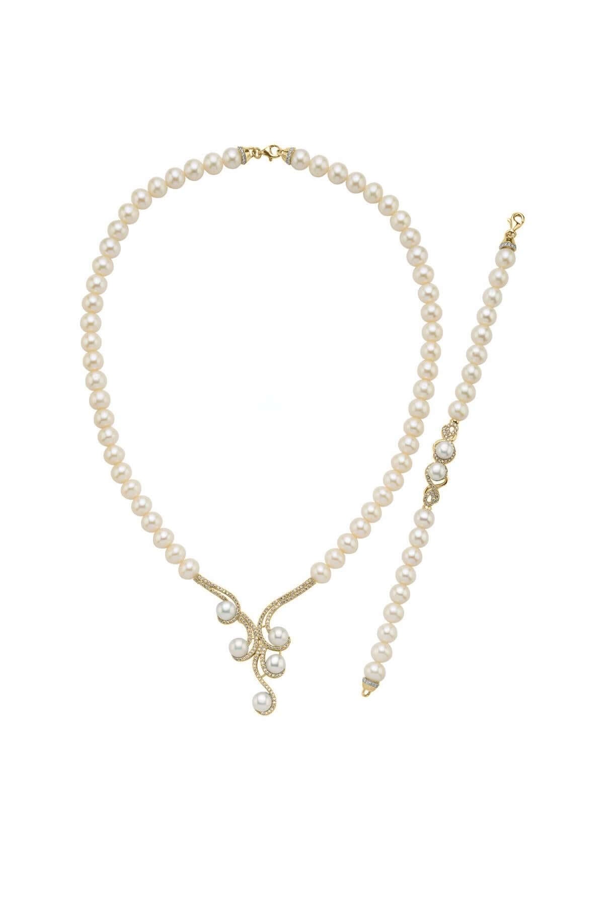 Zirkon Taşlı Suyolu Doğal İnci Kolye Bileklik İkili Set | | Birinci1926