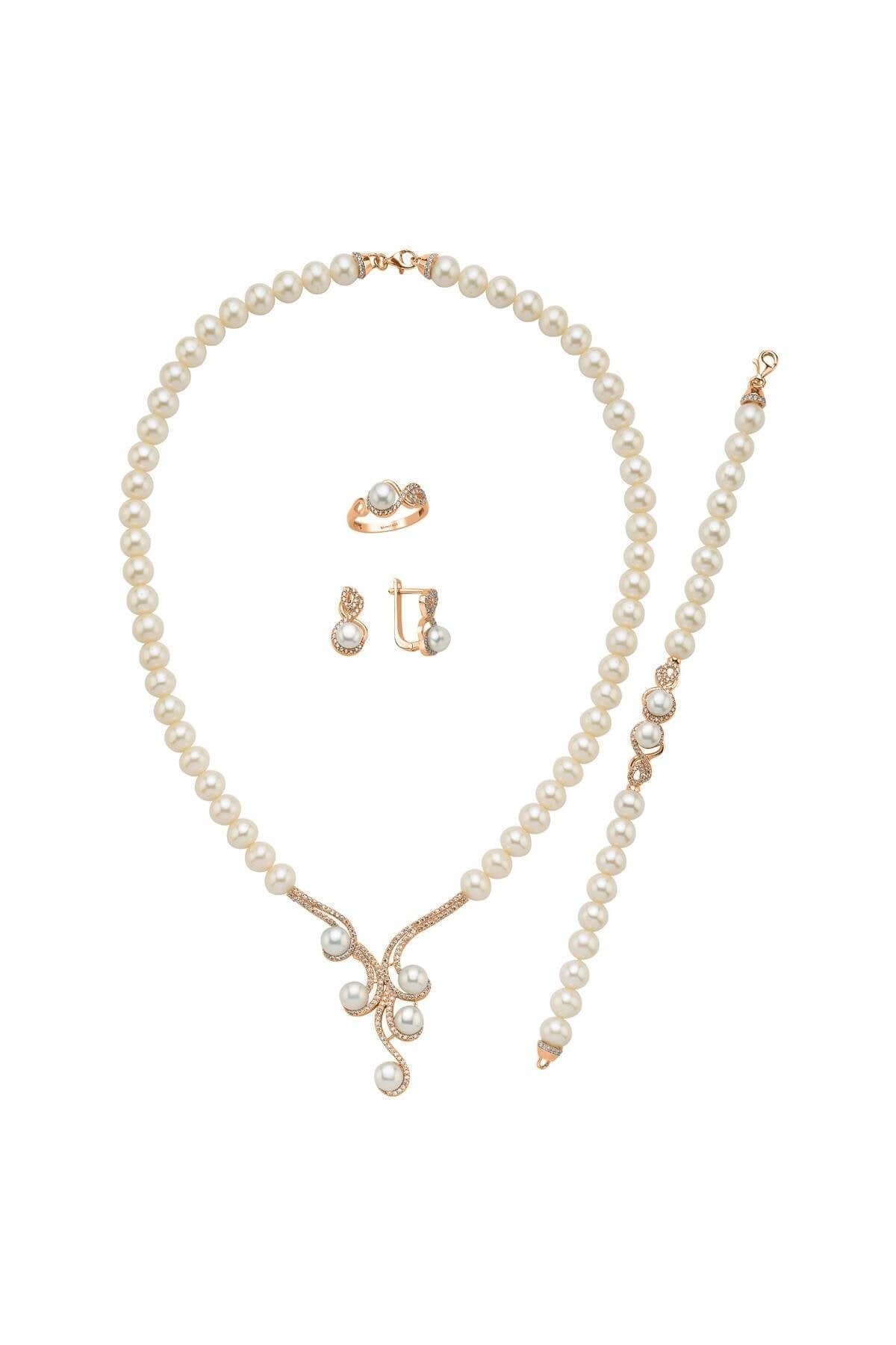 Zirkon Taşlı Suyolu Doğal İnci Küpe Kolye Bileklik Yüzük Dörtlü Set | | Birinci1926