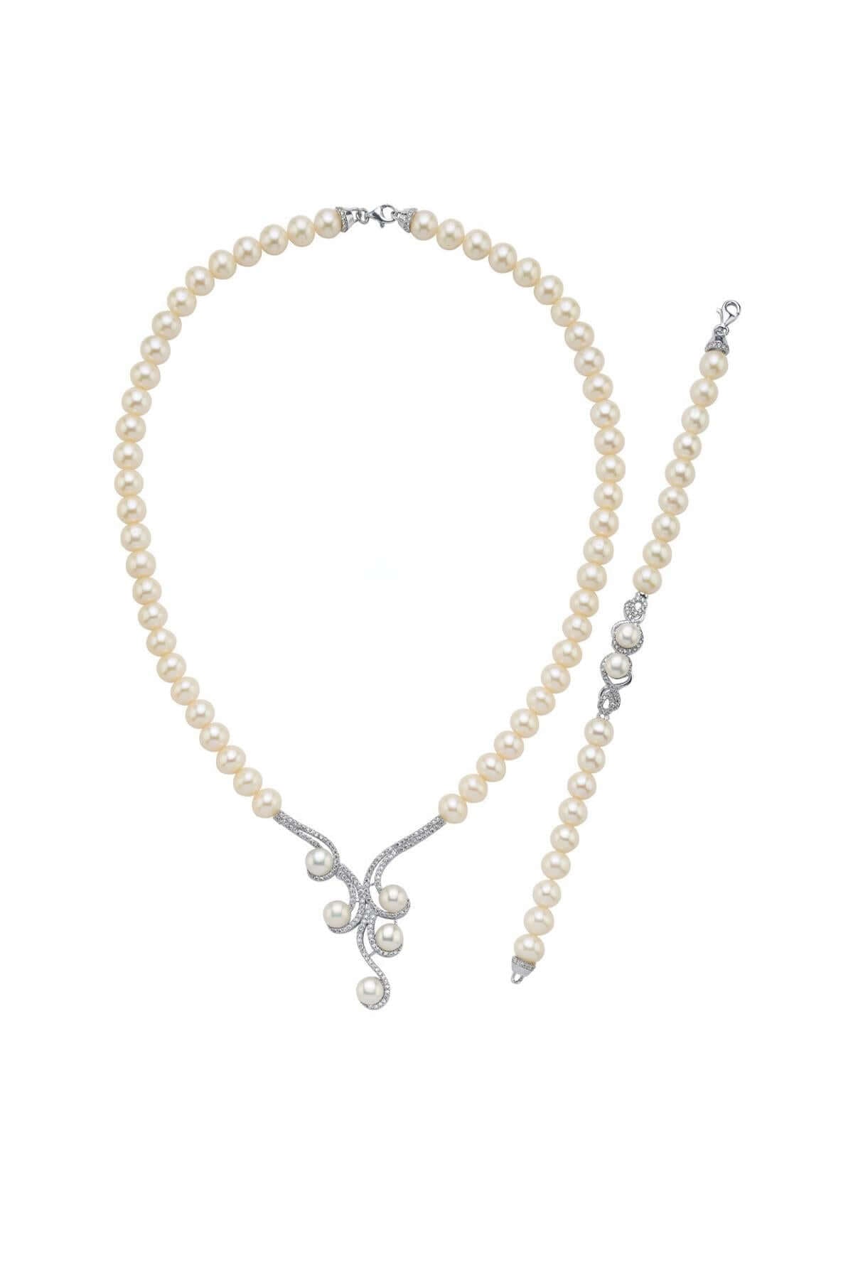 Zirkon Taşlı Suyolu Doğal İnci Kolye Bileklik İkili Set | | Birinci1926