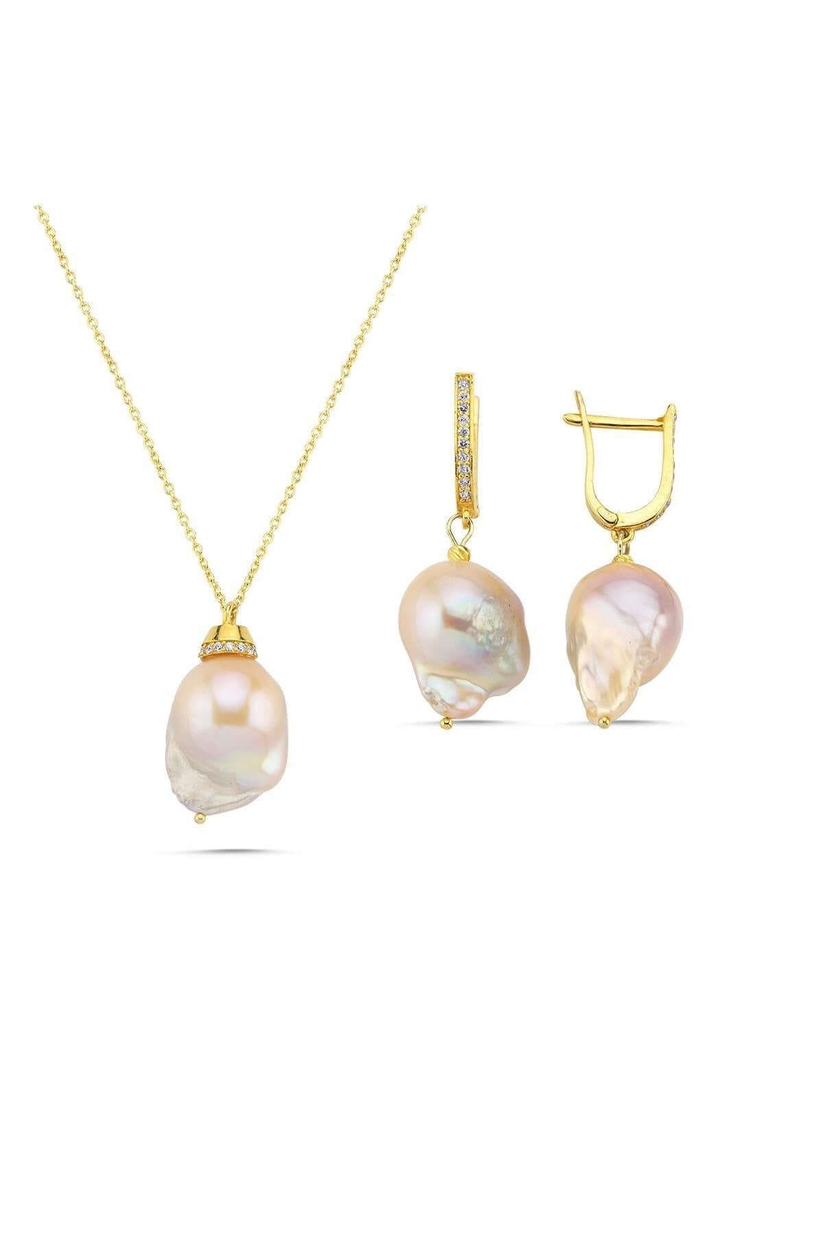 Şeftali Rengi Barok İnci Kolye Küpe İkili Set | | Birinci1926