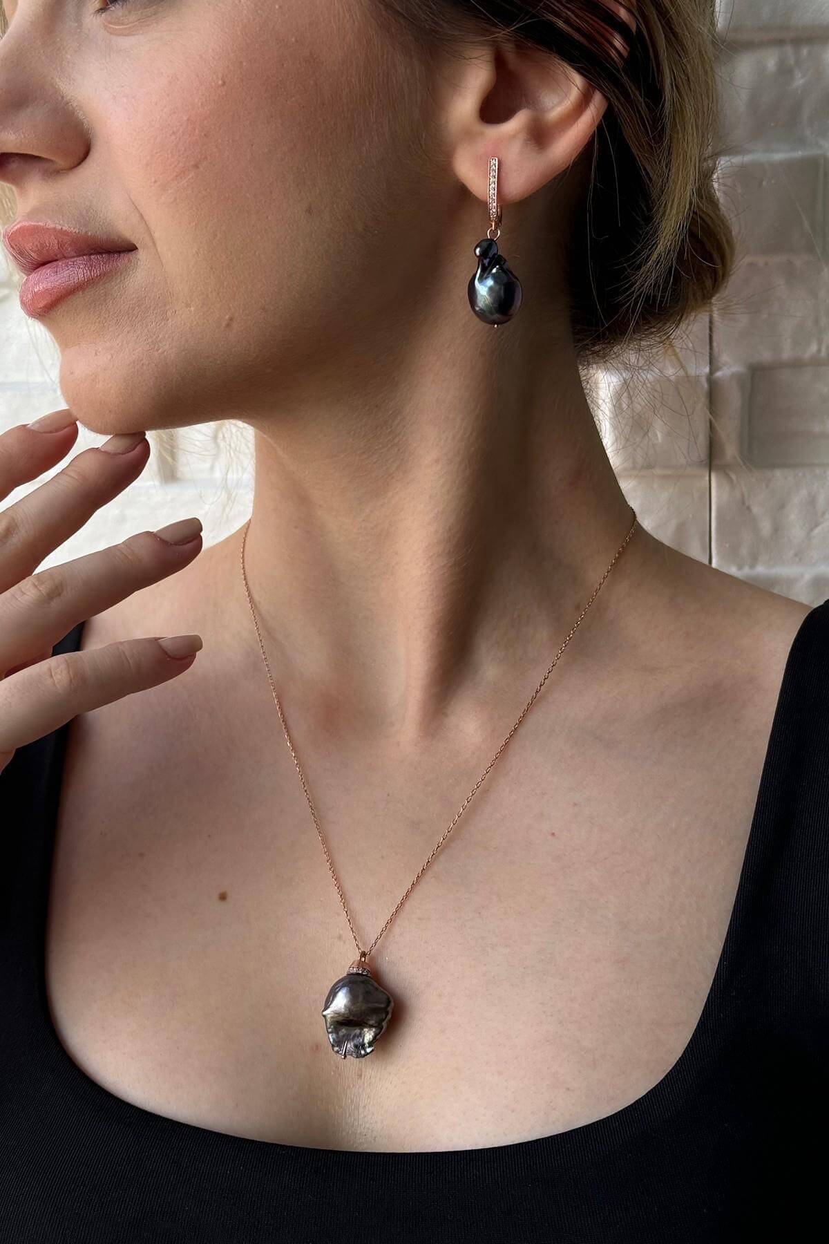 Siyah Barok İnci Kolye Küpe İkili Set | | Birinci1926