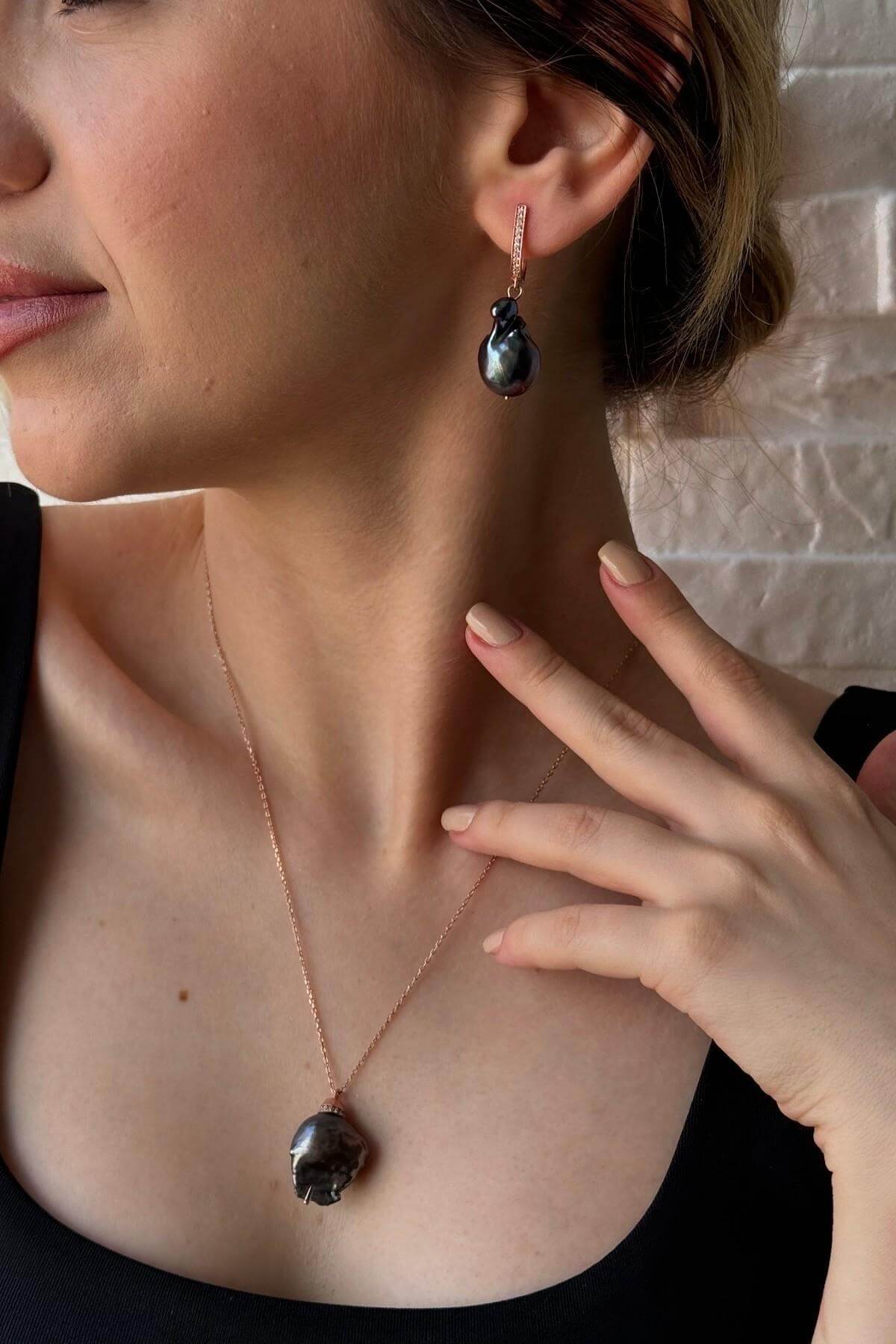 Siyah Barok İnci Kolye Küpe İkili Set | | Birinci1926