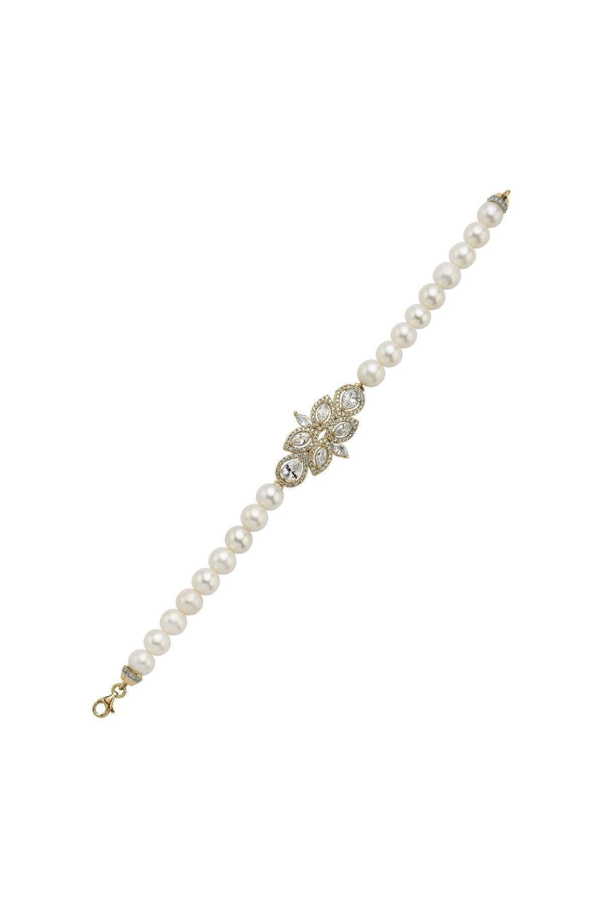 Yaprak Tasarımlı Zirkon Taşlı Doğal İnci Bileklik | | Birinci1926