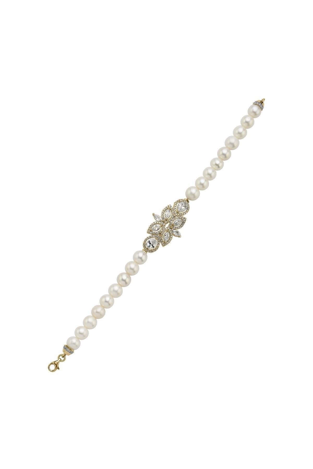 Yaprak Tasarımlı Zirkon Taşlı Doğal İnci Bileklik | | Birinci1926