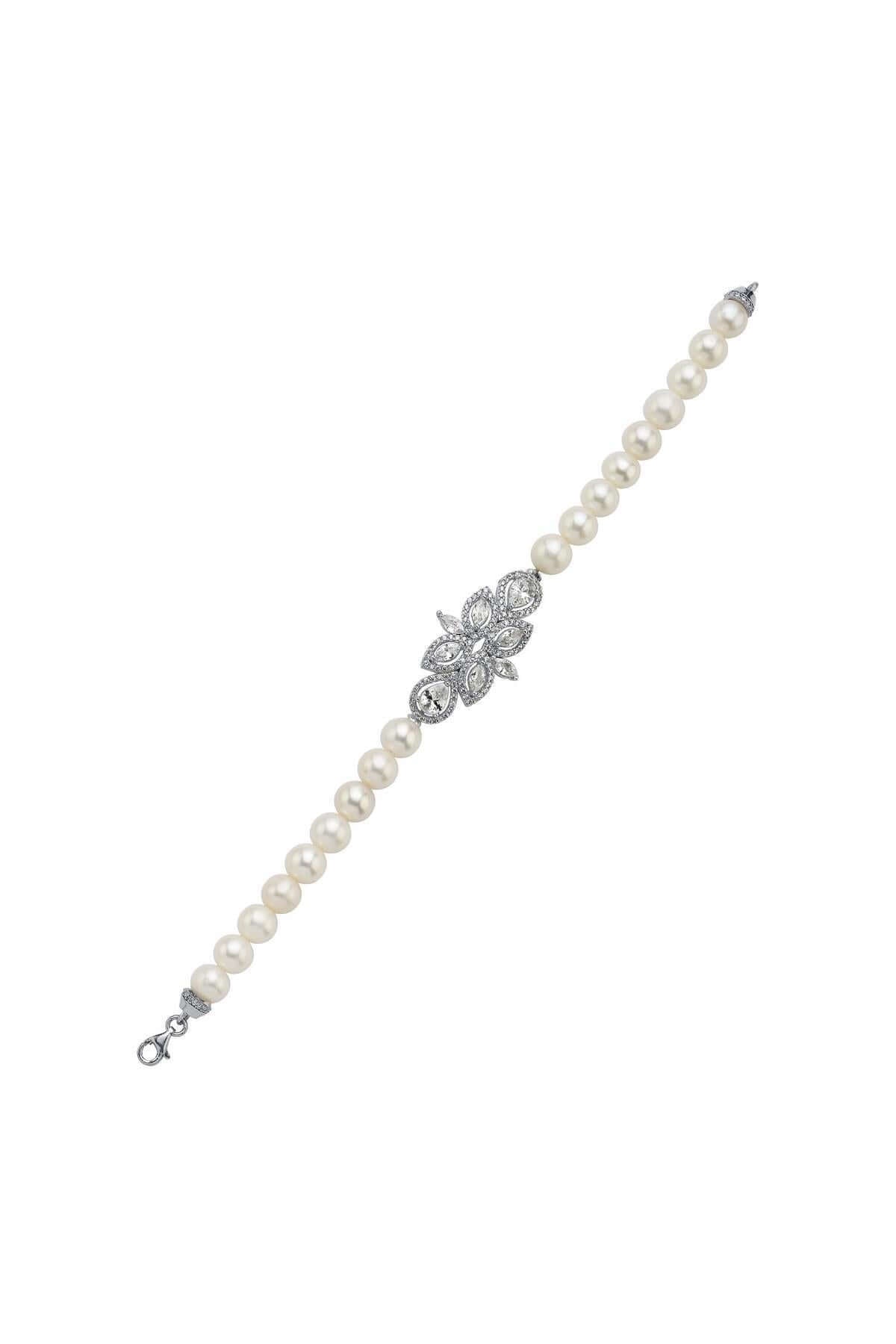 Yaprak Tasarımlı Zirkon Taşlı Doğal İnci Bileklik | | Birinci1926