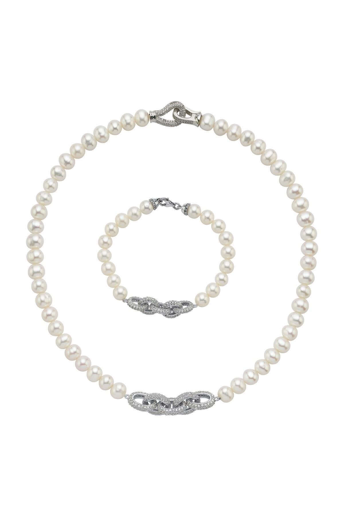 Zincir Detaylı Doğal İnci Kolye Bileklik İkili Set | | Birinci1926