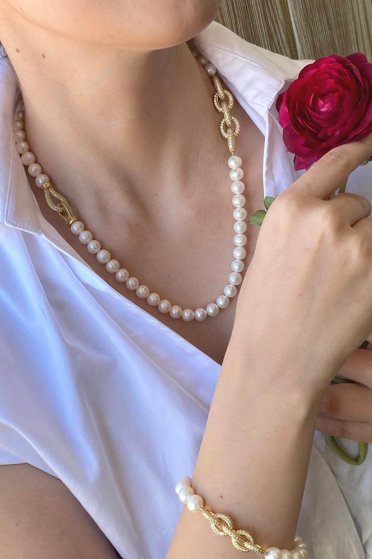 Zincir Detaylı Doğal İnci Kolye Bileklik İkili Set | | Birinci1926