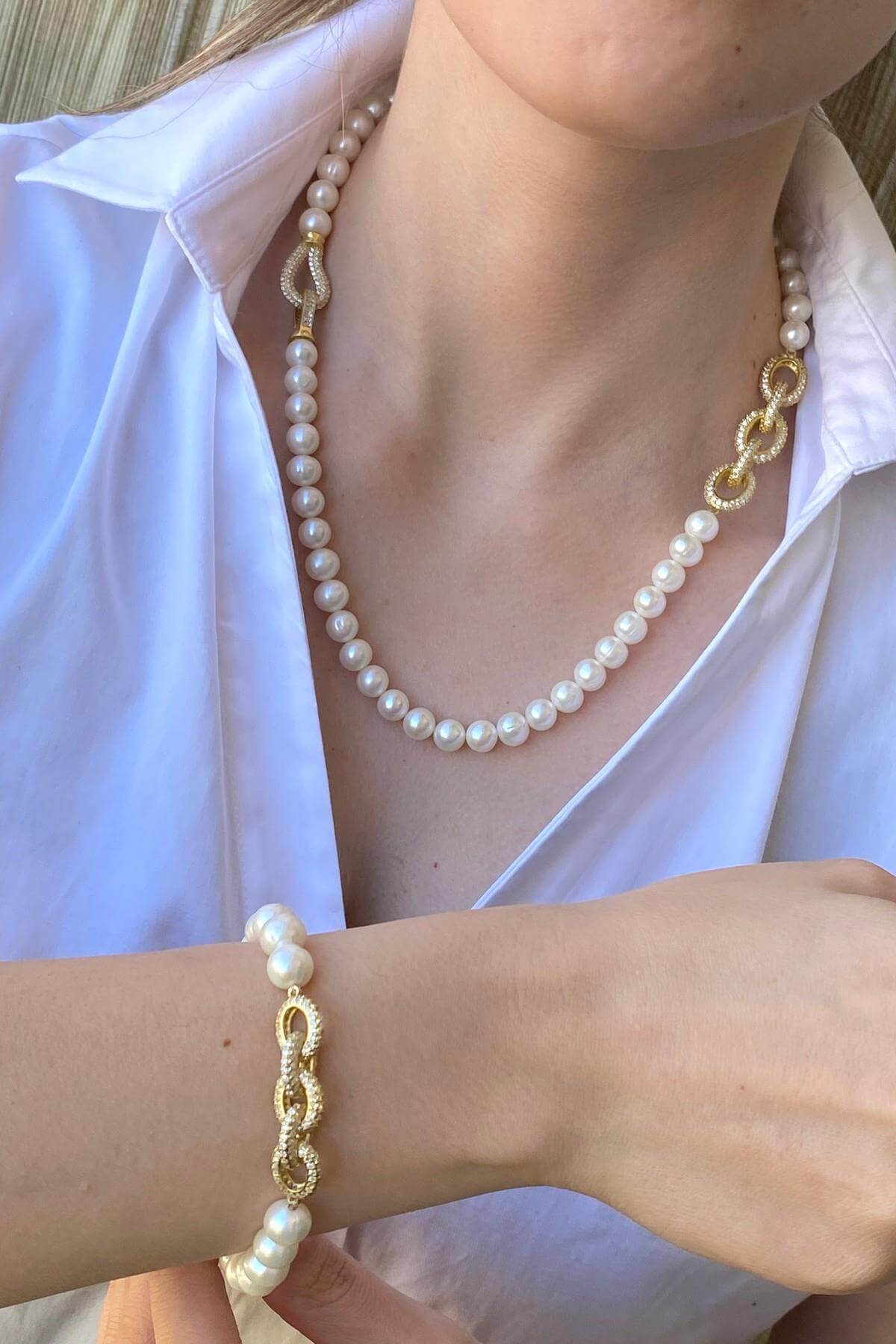 Zincir Detaylı Doğal İnci Kolye Bileklik İkili Set | | Birinci1926