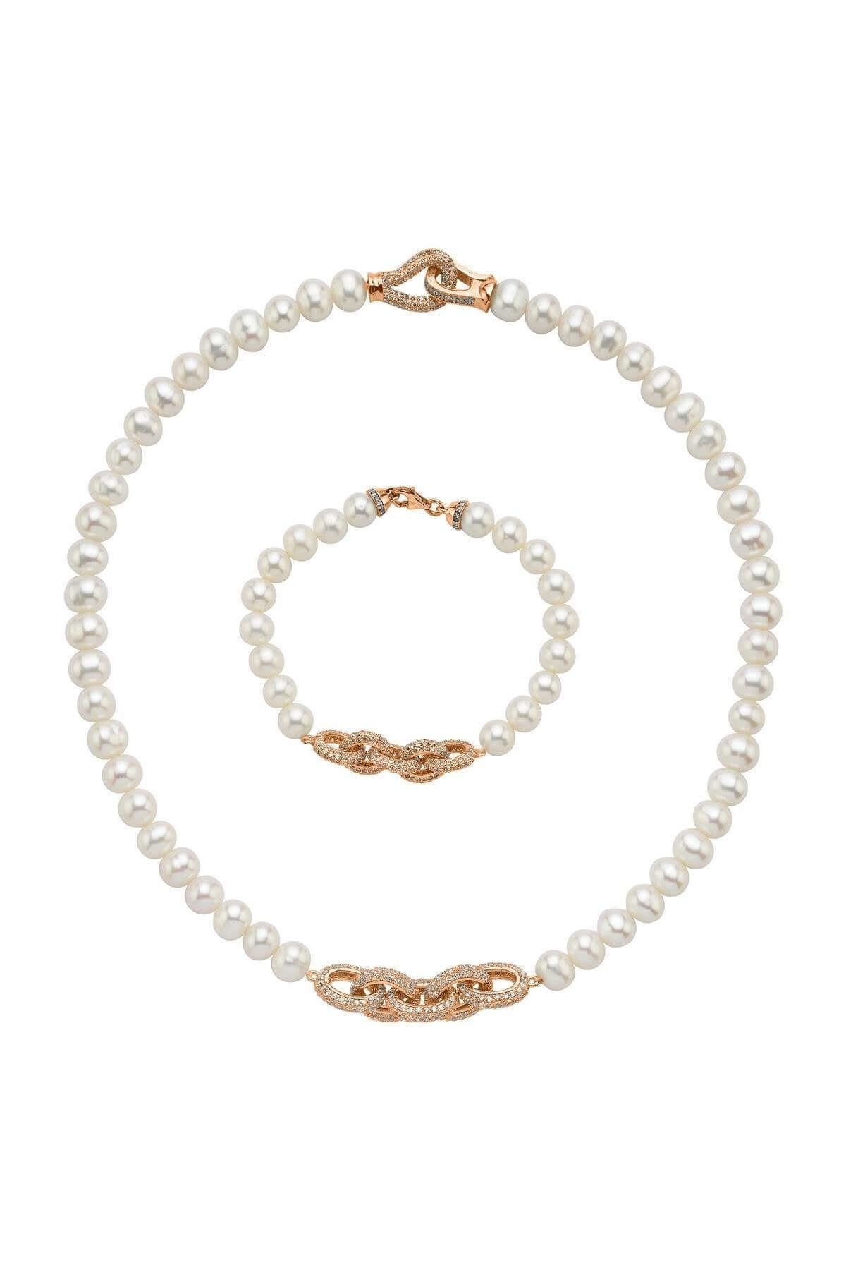 Zincir Detaylı Doğal İnci Kolye Bileklik İkili Set | | Birinci1926