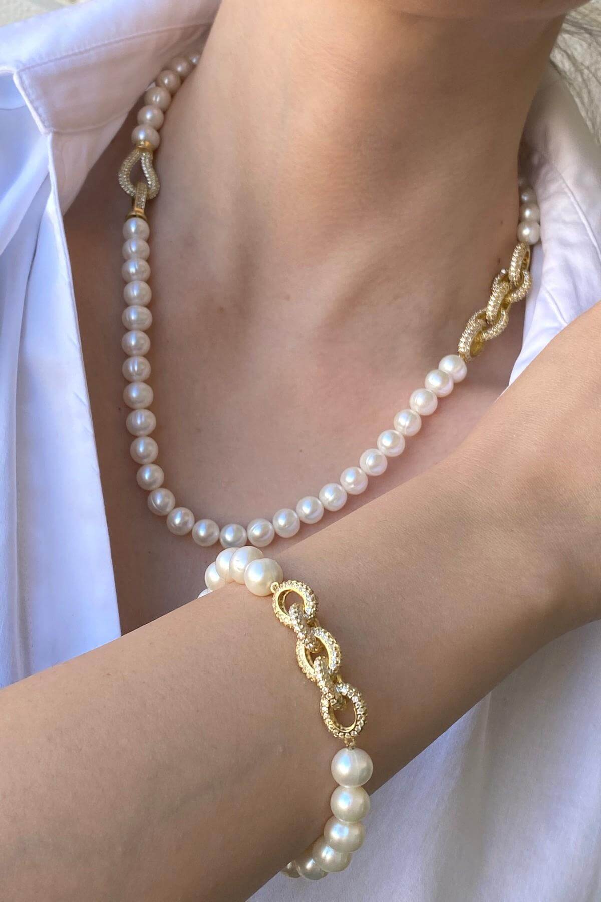 Zincir Detaylı Doğal İnci Kolye Bileklik İkili Set | | Birinci1926