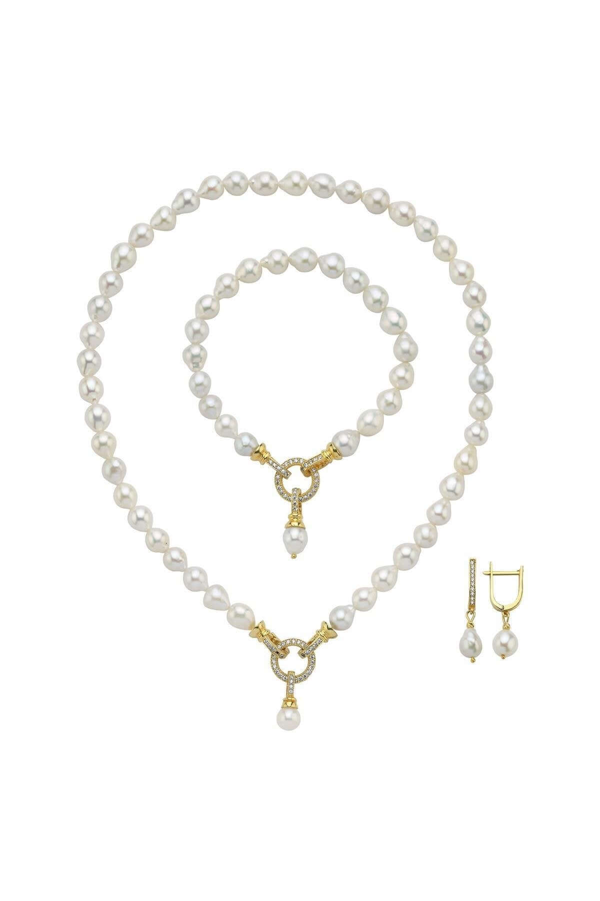 Zirkon Taşlı Halka Kilitli Doğal Damla İnci Küpe Kolye Bileklik Üçlü Set | | Birinci1926