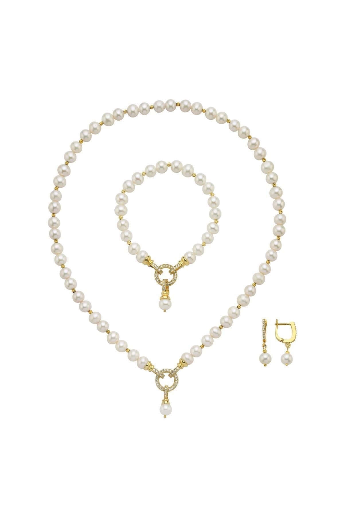 Zirkon Taşlı Halka Kilitli Dorikalı Doğal İnci Küpe Kolye Bileklik Üçlü Set | | Birinci1926