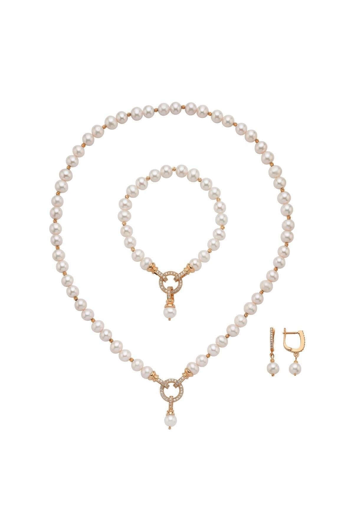 Zirkon Taşlı Halka Kilitli Dorikalı Doğal İnci Küpe Kolye Bileklik Üçlü Set | | Birinci1926