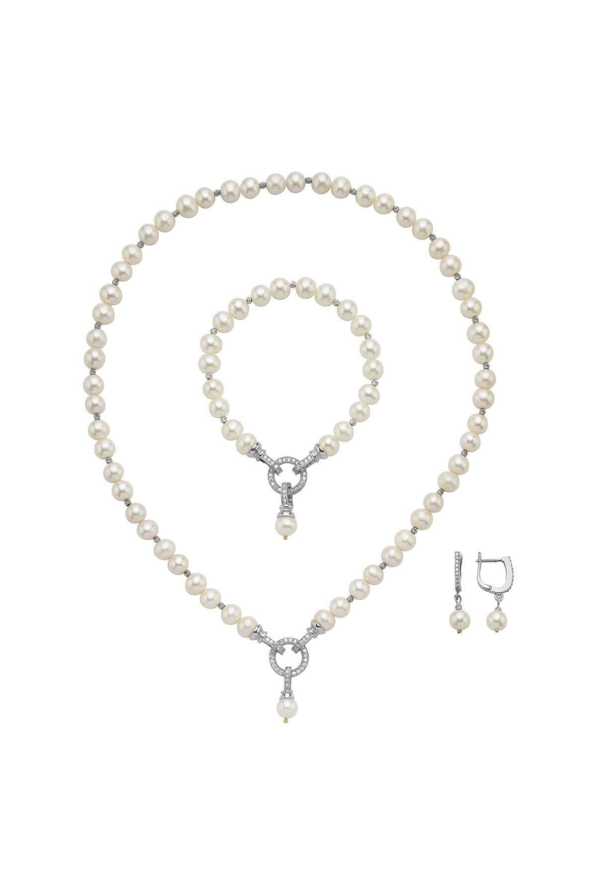 Zirkon Taşlı Halka Kilitli Dorikalı Doğal İnci Küpe Kolye Bileklik Üçlü Set | | Birinci1926