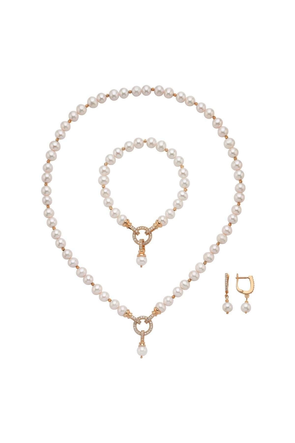 Zirkon Taşlı Halka Kilitli Dorikalı Doğal İnci Küpe Kolye Bileklik Üçlü Set | | Birinci1926