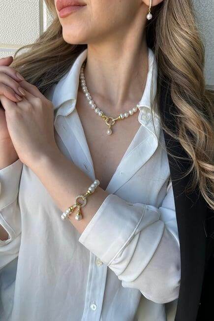 Zirkon Taşlı Halka Kilitli Dorikalı Doğal İnci Küpe Kolye Bileklik Üçlü Set | | Birinci1926