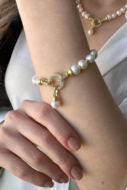 Zirkon Taşlı Halka Kilitli Dorikalı Doğal İnci Küpe Kolye Bileklik Üçlü Set | | Birinci1926