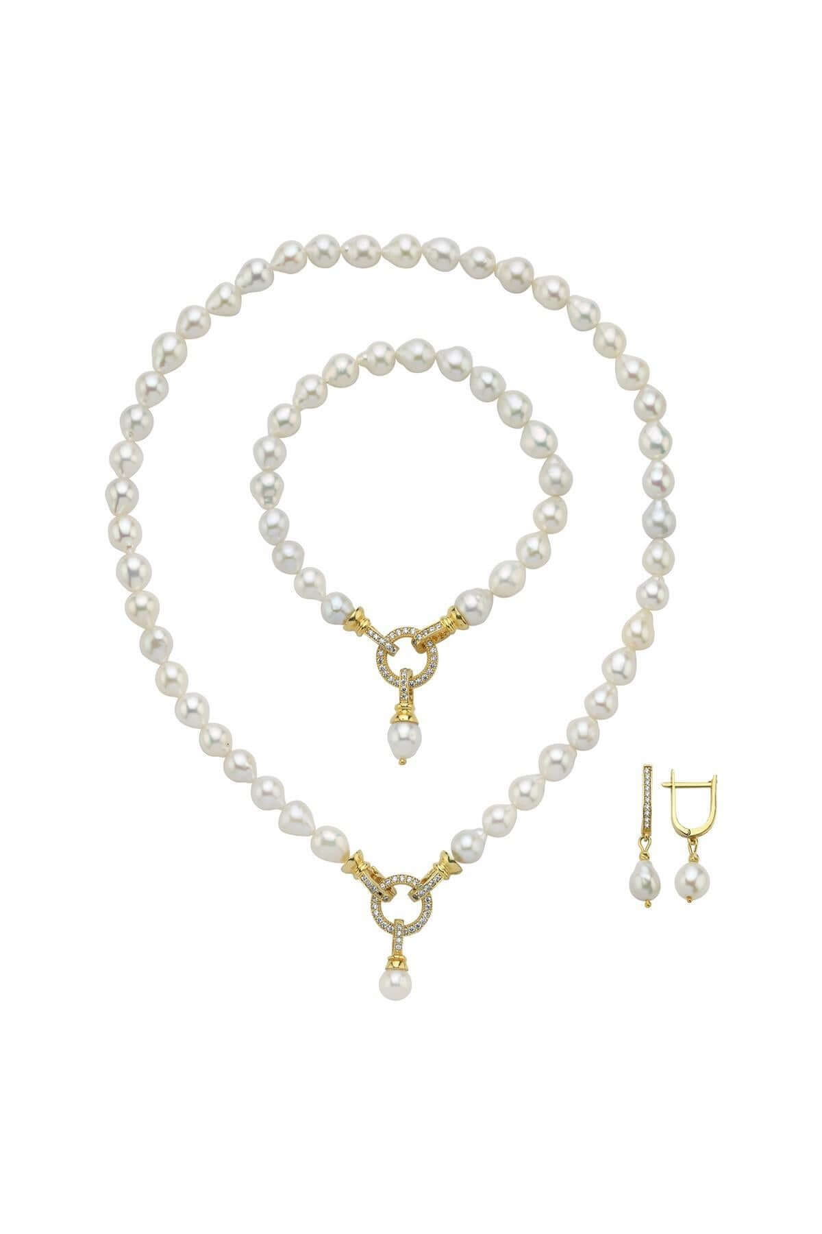 Zirkon Taşlı Halka Kilitli Doğal Damla İnci Küpe Kolye Bileklik Üçlü Set | | Birinci1926