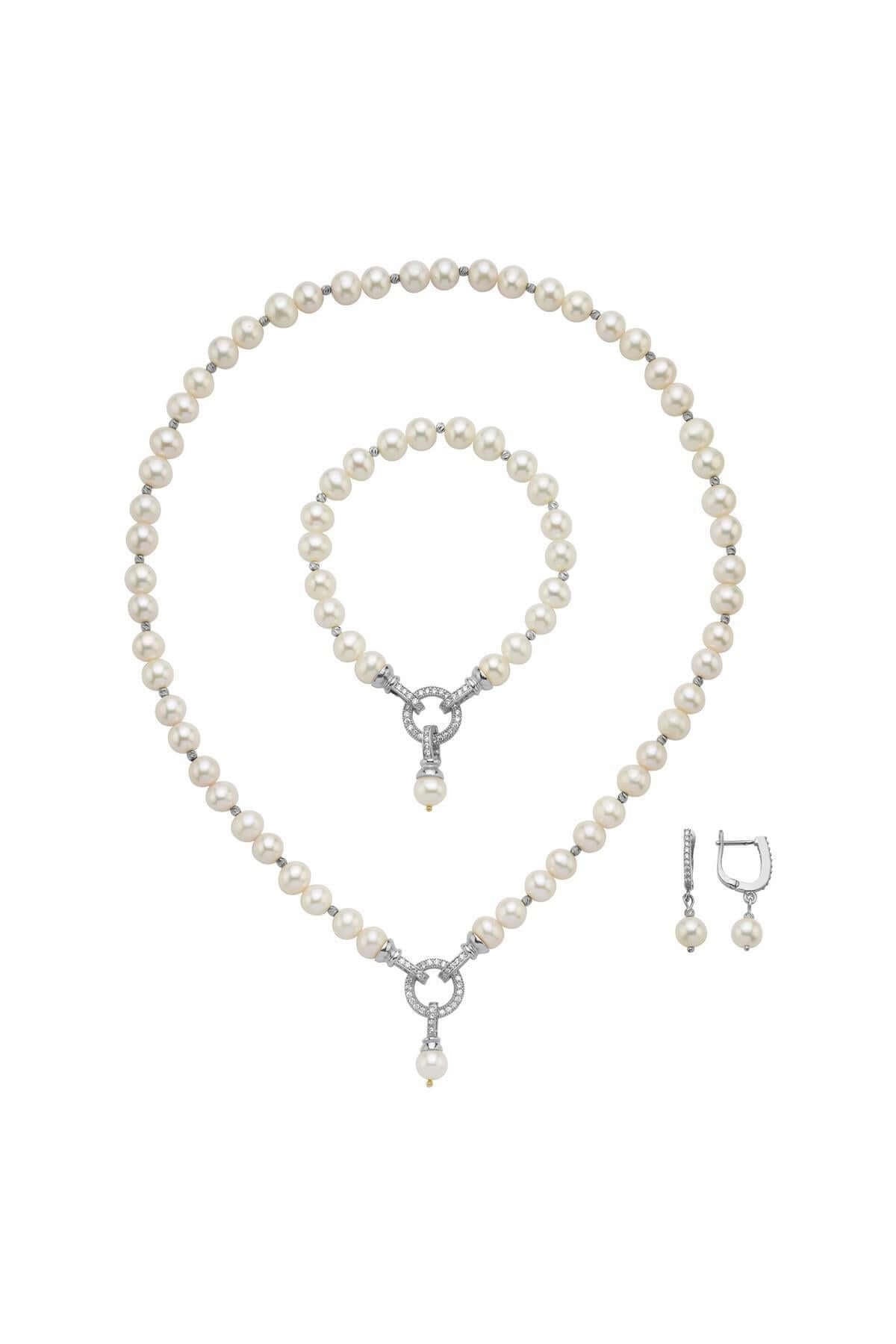 Zirkon Taşlı Halka Kilitli Dorikalı Doğal İnci Küpe Kolye Bileklik Üçlü Set | | Birinci1926