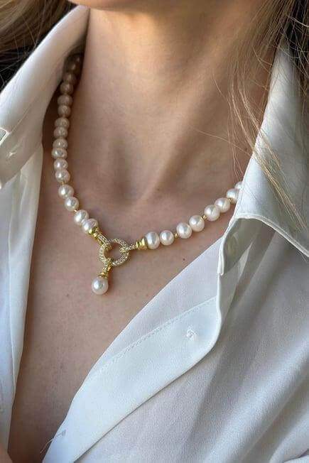 Zirkon Taşlı Halka Kilitli Dorikalı Doğal İnci Küpe Kolye Bileklik Üçlü Set | | Birinci1926