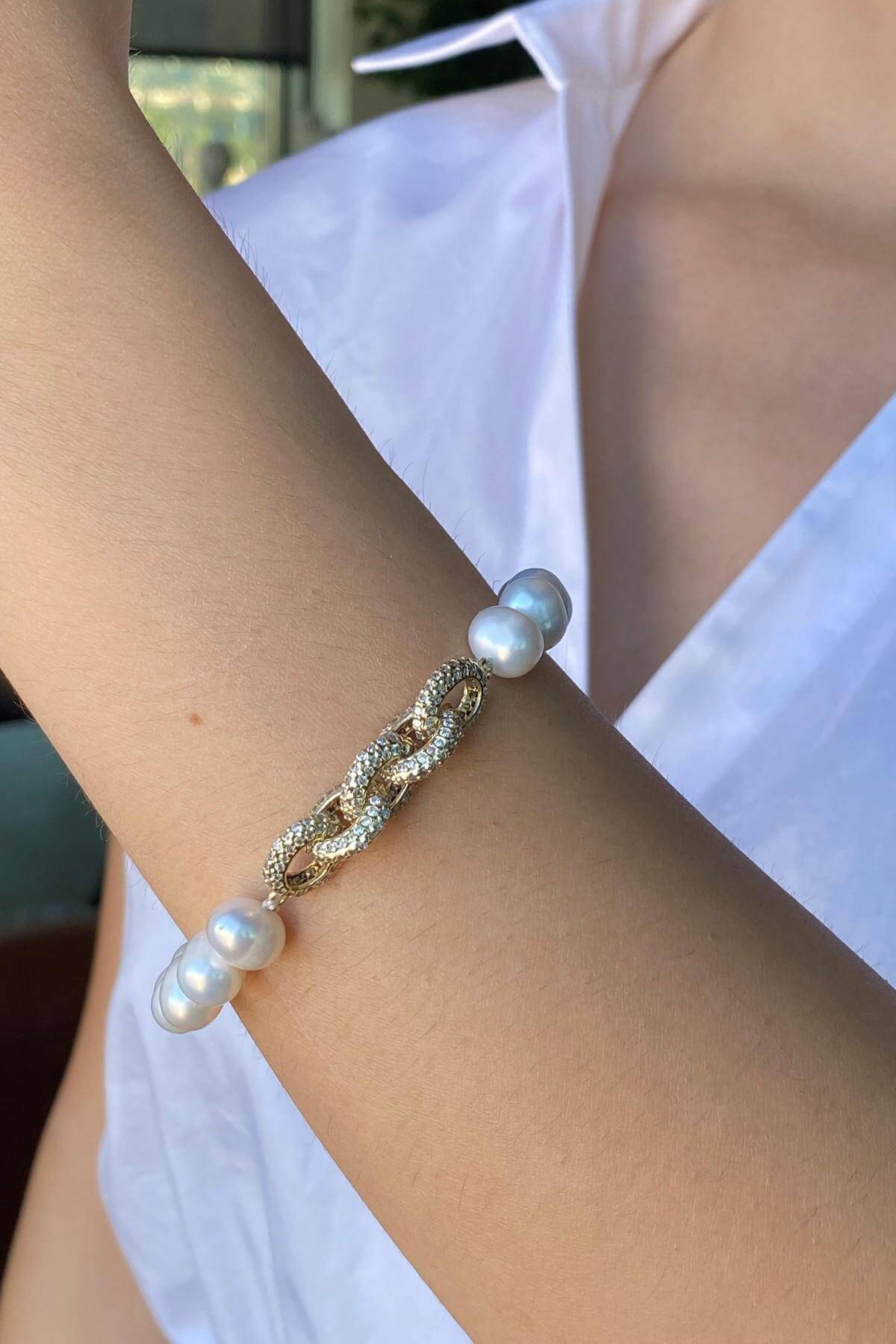 Zirkon Taşlı Zincir Doğal İnci Bileklik | | Birinci1926