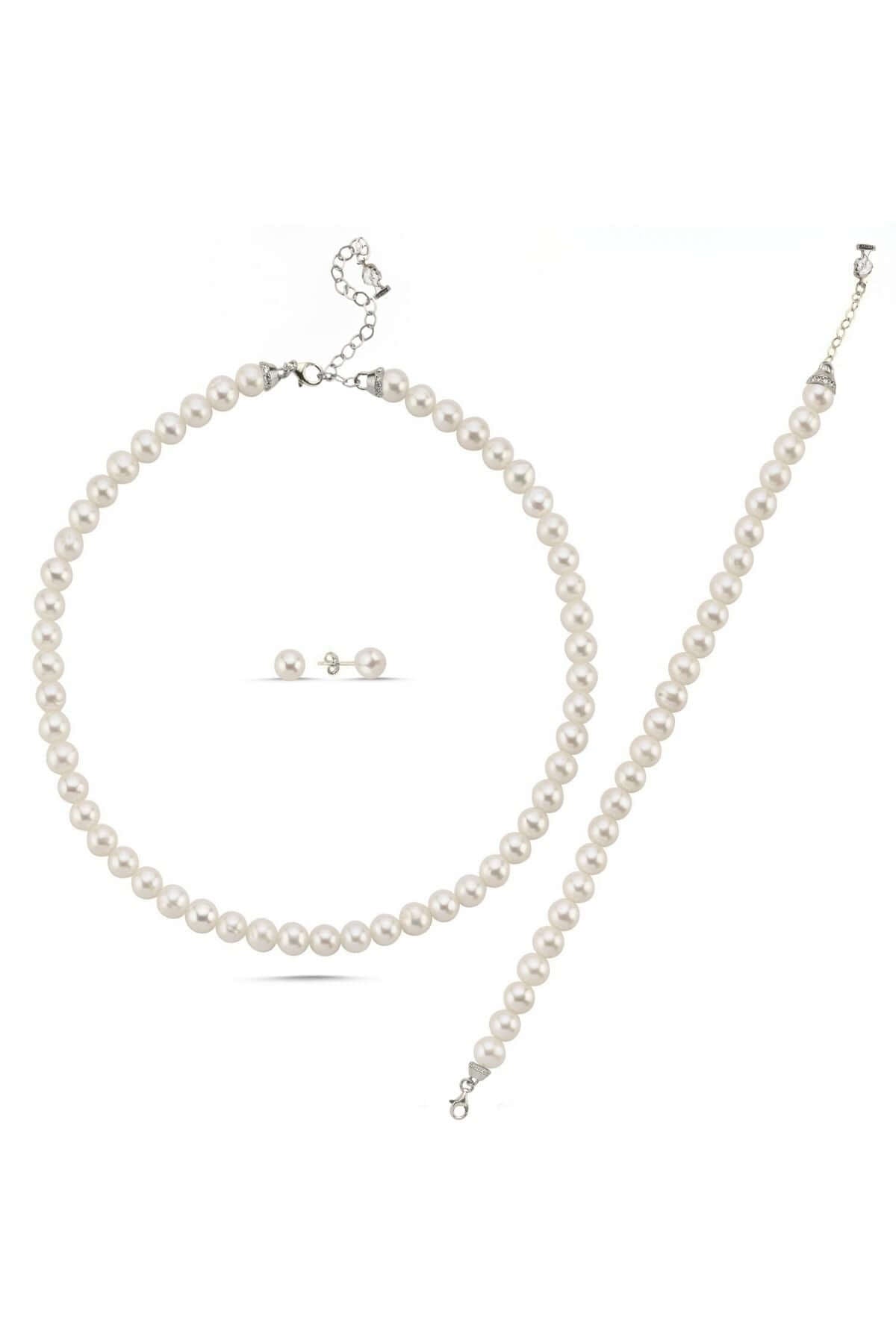 Doğal İnci Sıralı Kolye Bileklik Küpe Üçlü Set | | Birinci1926