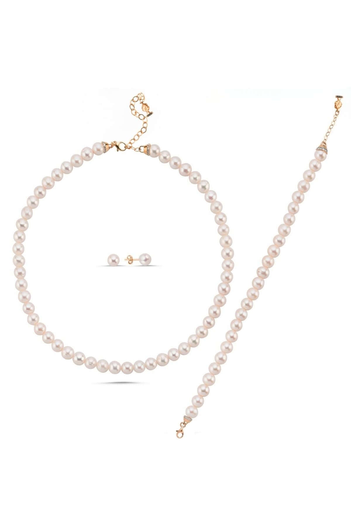 Doğal İnci Sıralı Kolye Bileklik Küpe Üçlü Set | | Birinci1926