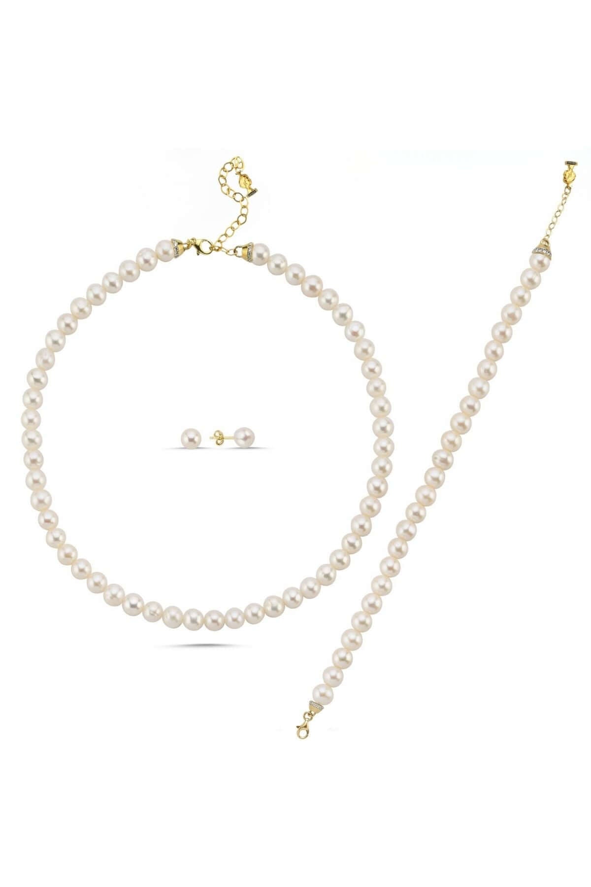 Doğal İnci Sıralı Kolye Bileklik Küpe Üçlü Set | | Birinci1926