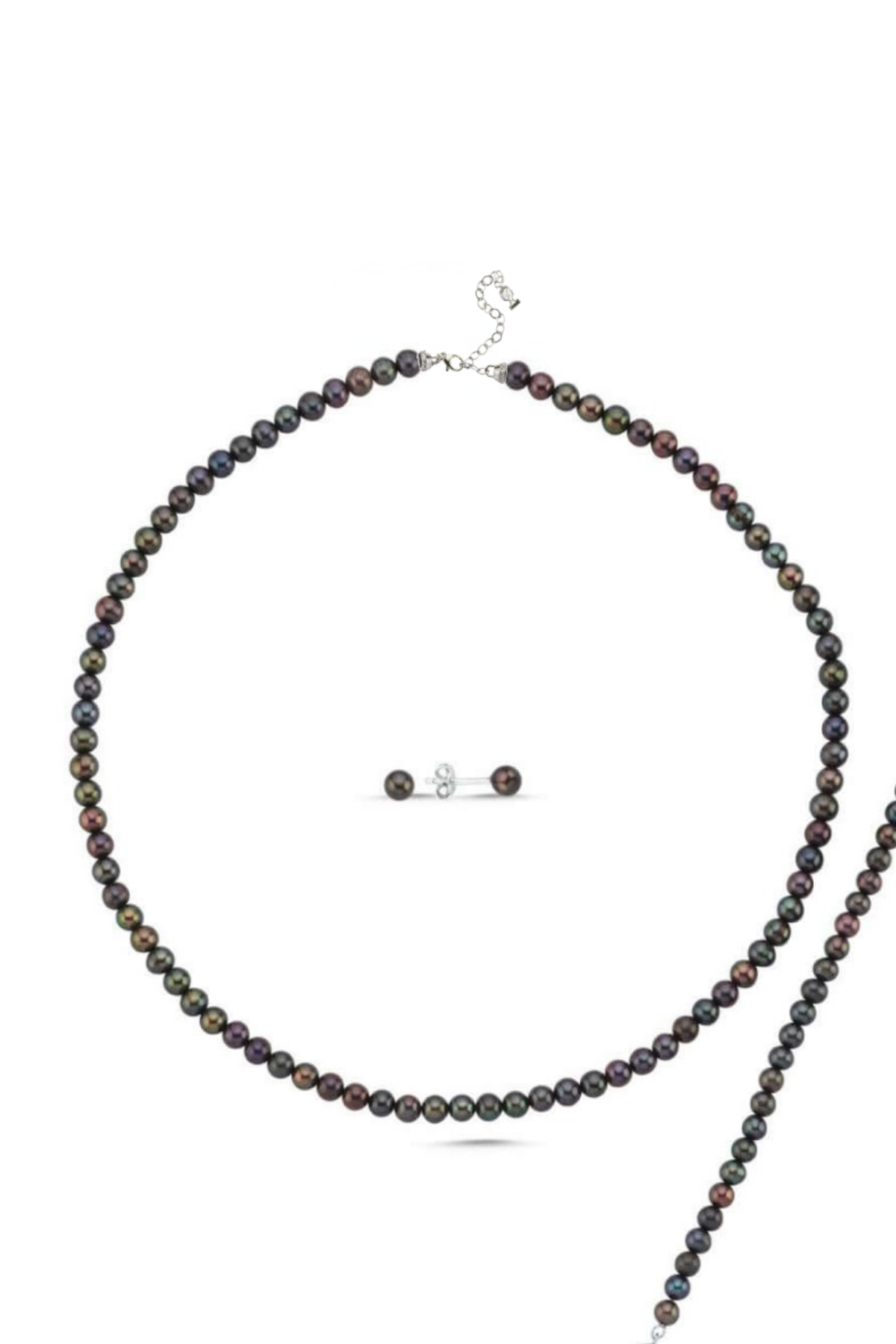 Siyah Doğal İnci Sıralı Kolye Bileklik Küpe Üçlü Set