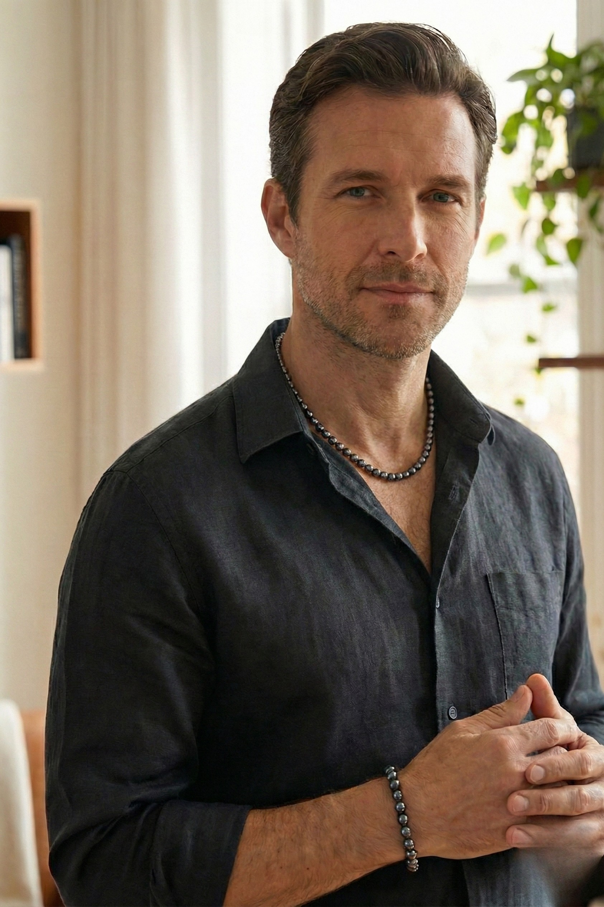 Erkek Siyah Doğal İnci Kolye Bileklik Set