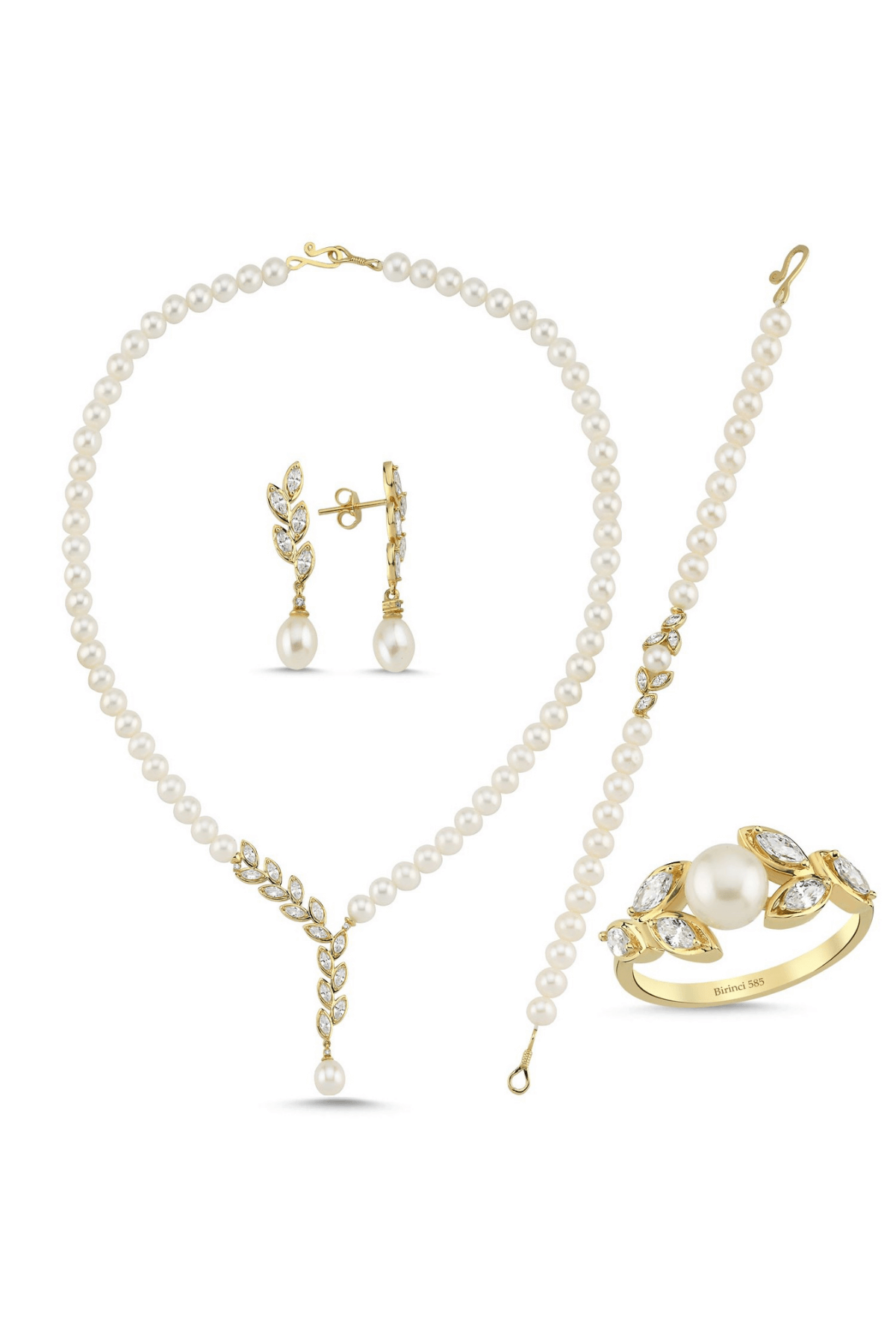 Yaprak Taşlı Doğal İnci Küpe Kolye Bileklik Yüzük Dörtlü Set