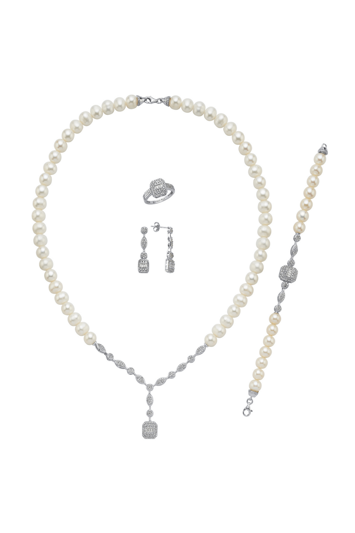 Baget Taşlı Doğal İnci Küpe Kolye Bileklik Yüzük Dörtlü Set