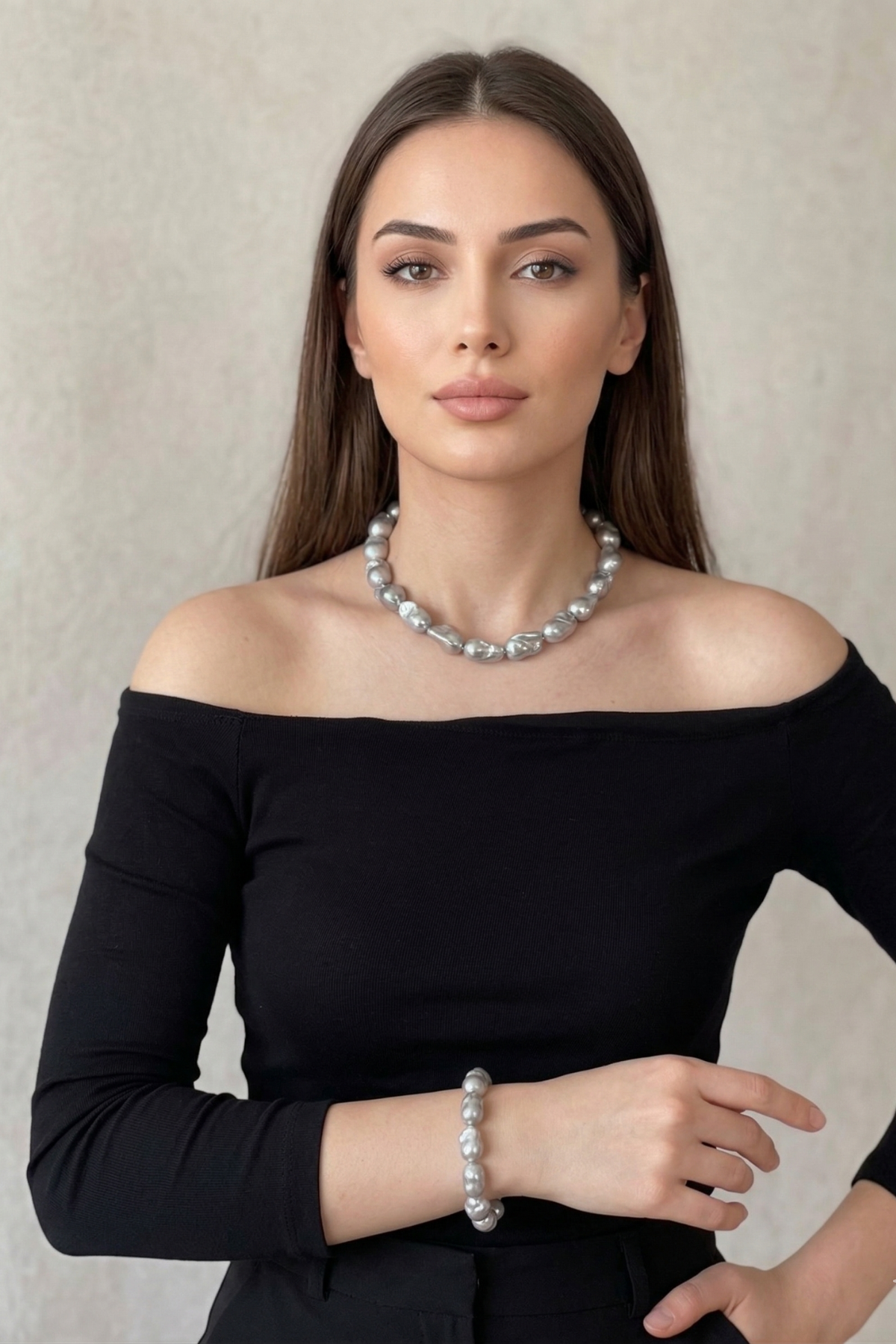 Gri Barok İnci Kolye Bileklik Set