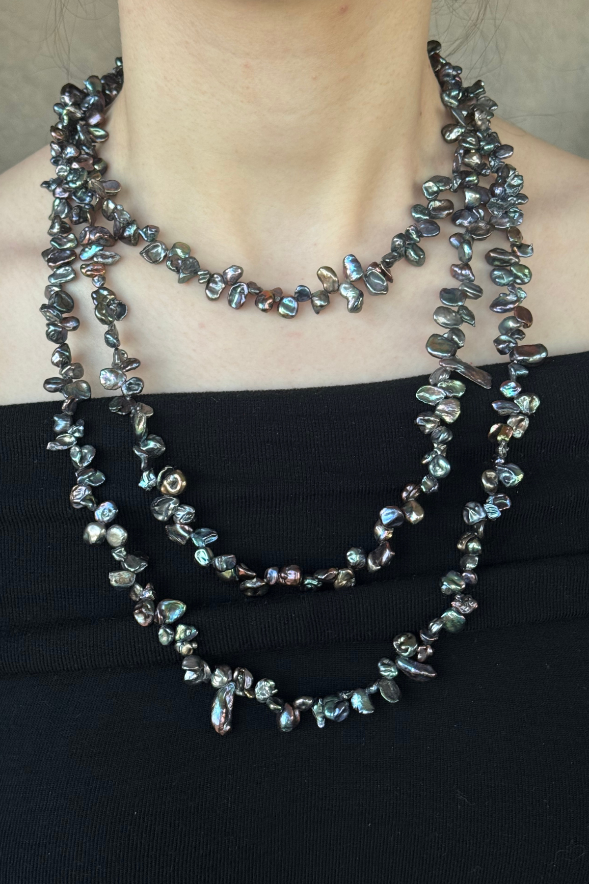 Siyah Taş Barok Uzun Doğal İnci Kolye