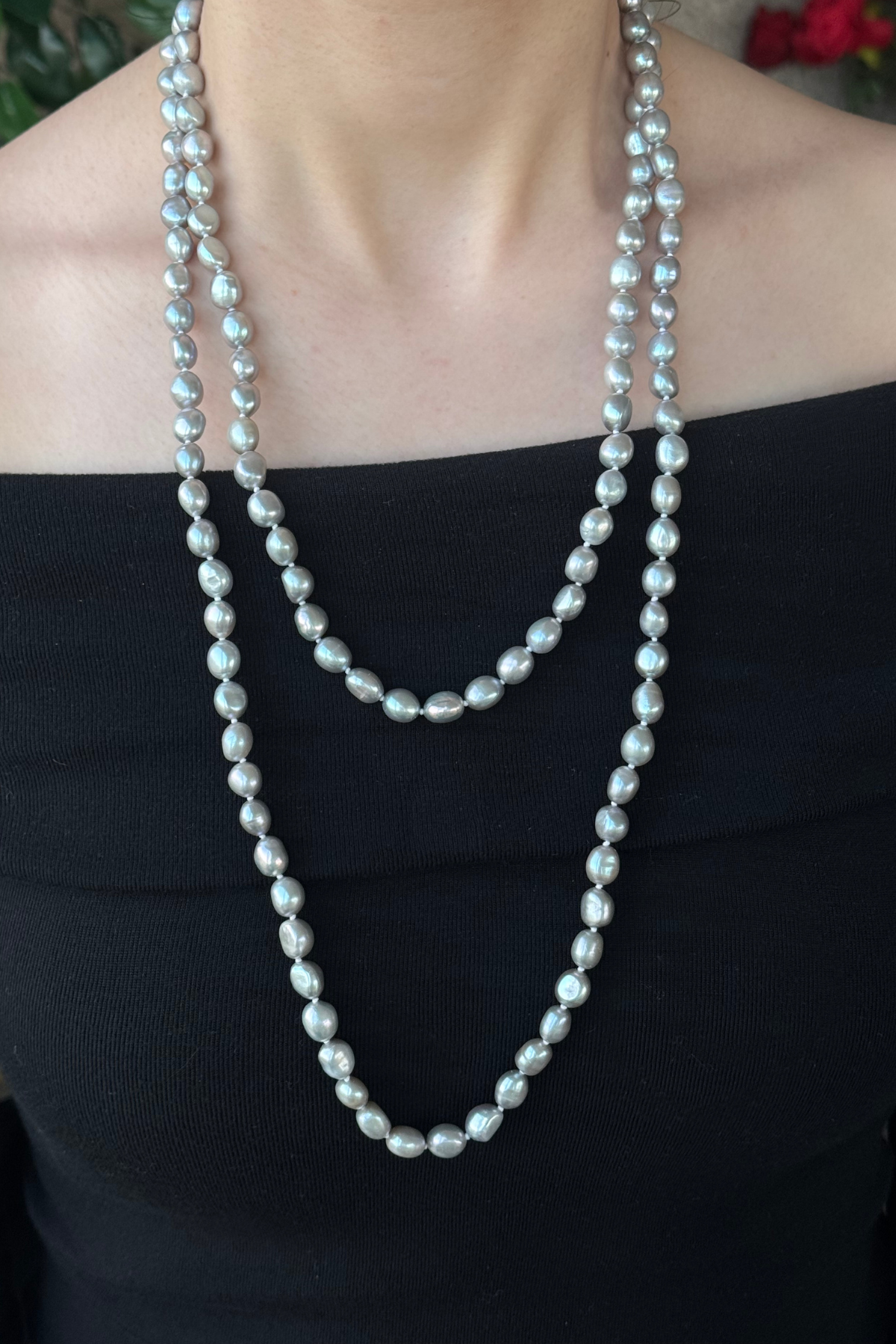 Gri Barok Uzun Doğal İnci Kolye