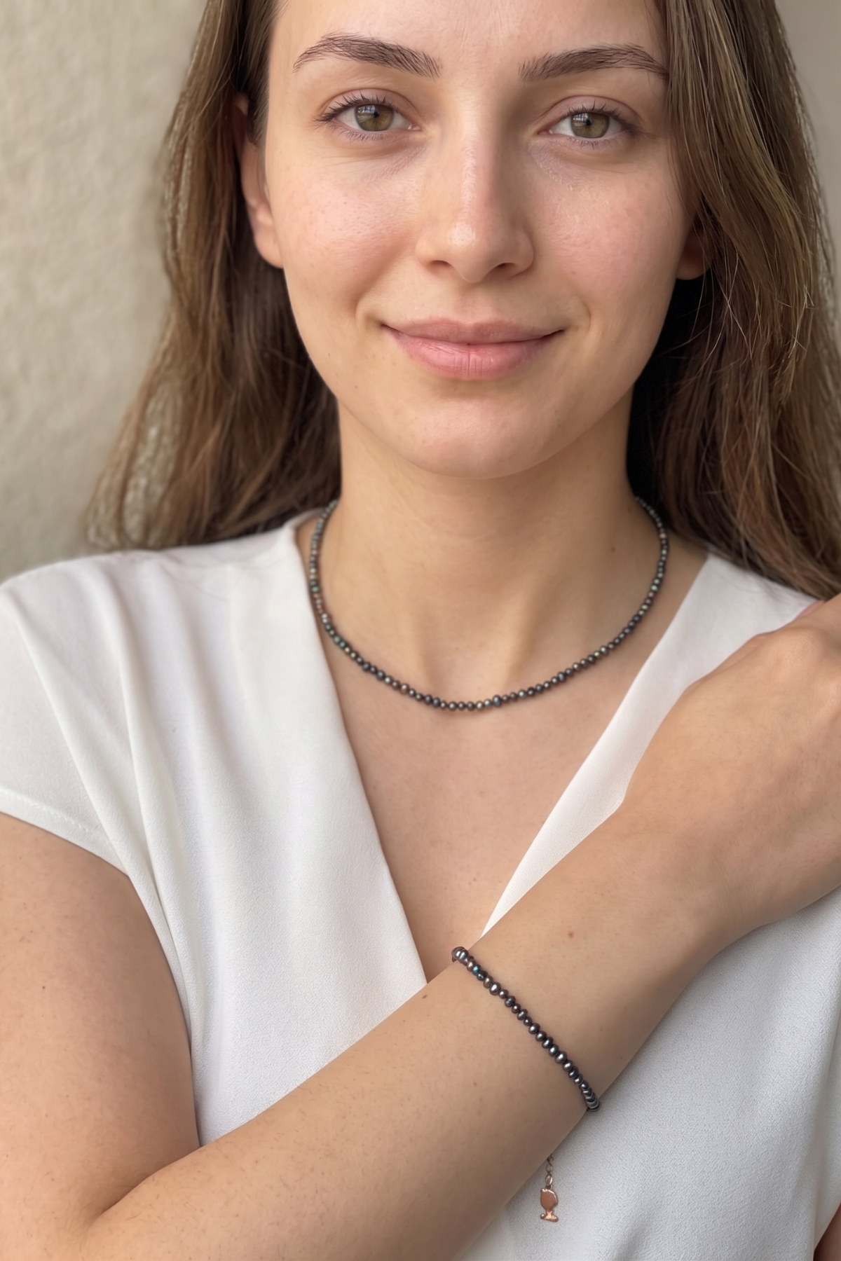 Siyah Doğal İnci Kolye Bileklik Set