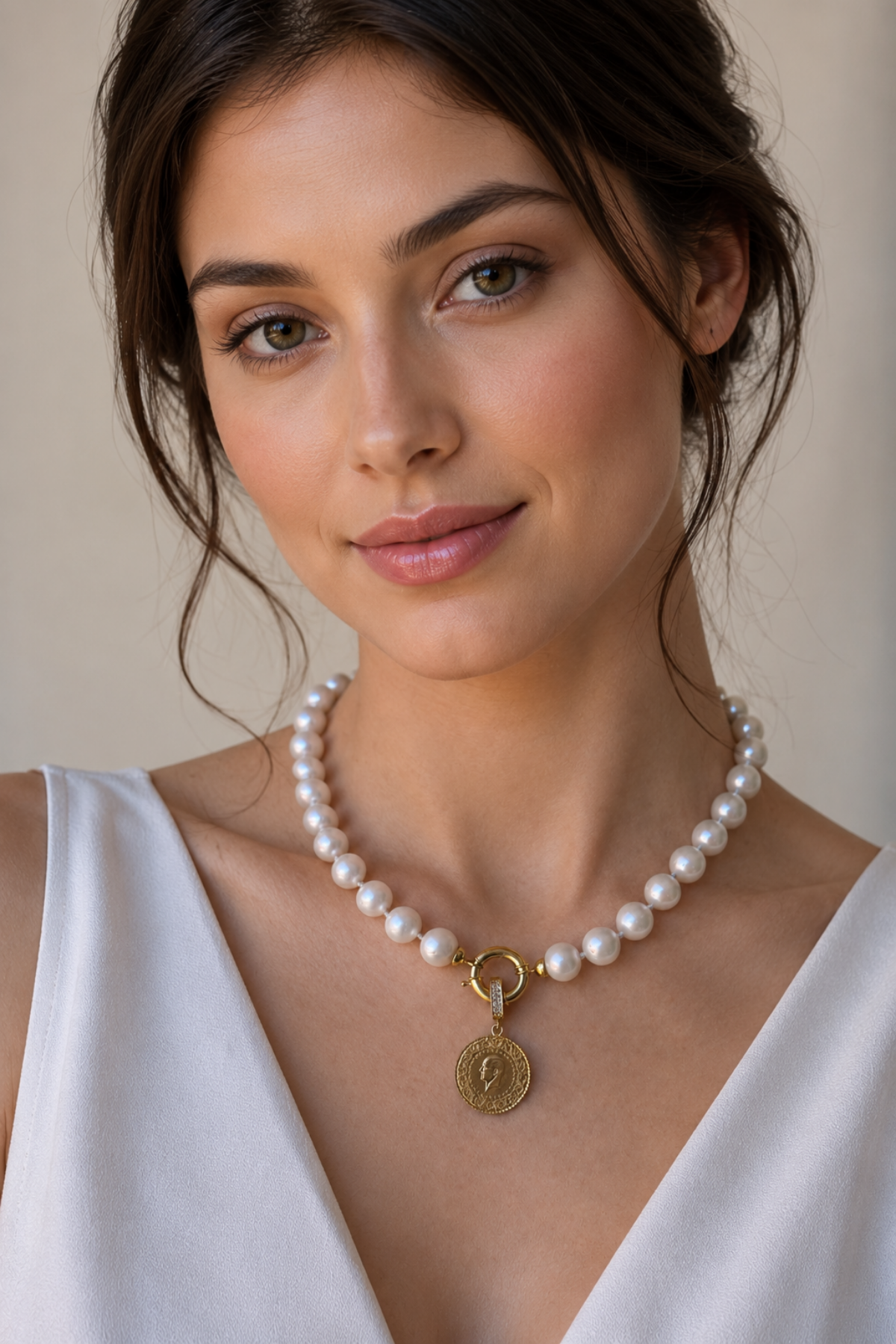 Natural pearl necklace with quarter gold worn by a model, showcasing elegance and craftsmanship.