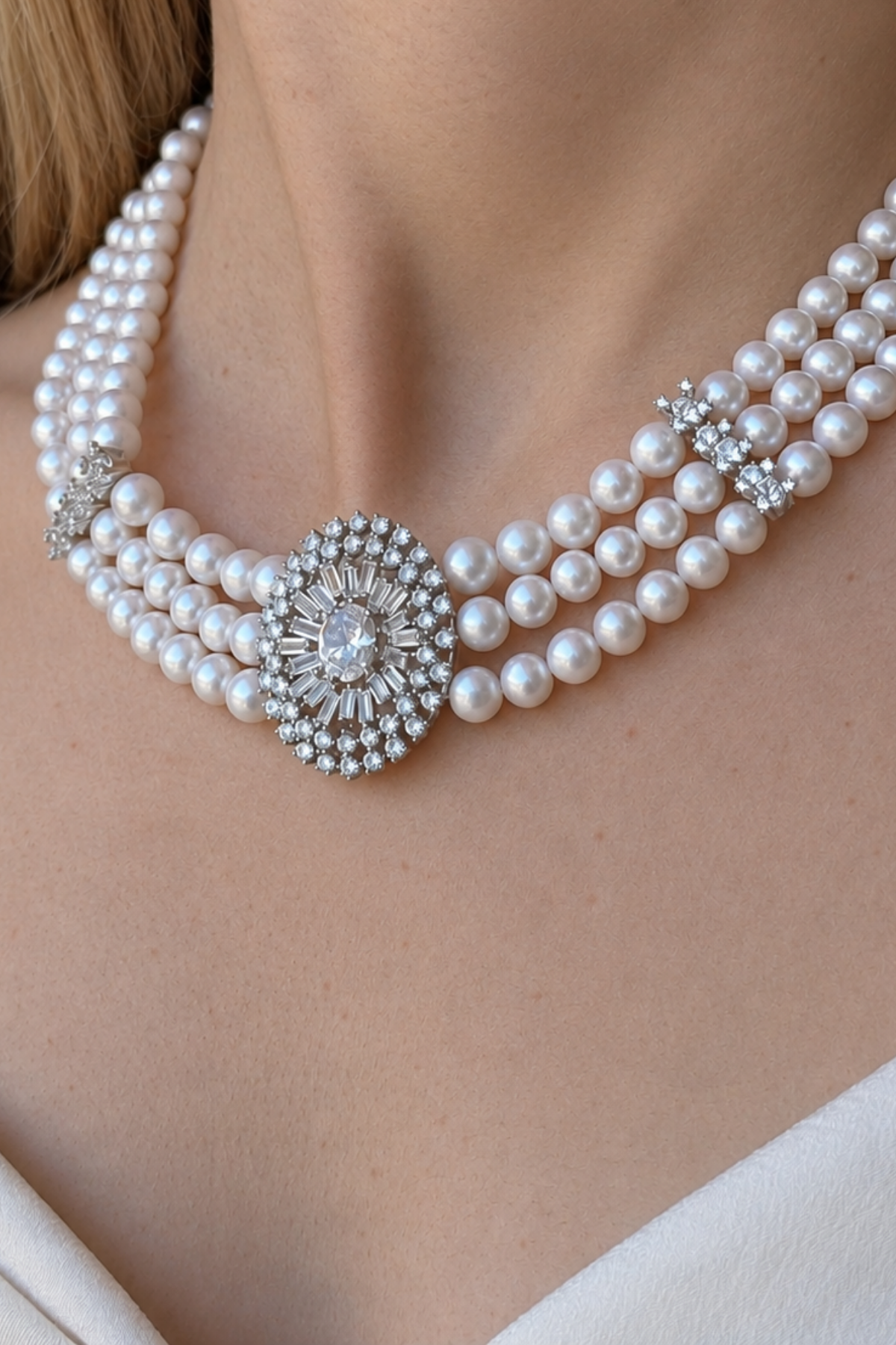 Beautiful Nadide Doğal İnci Set showcasing natural pearl jewelry set on a woman’s neck with elegant embellishments.