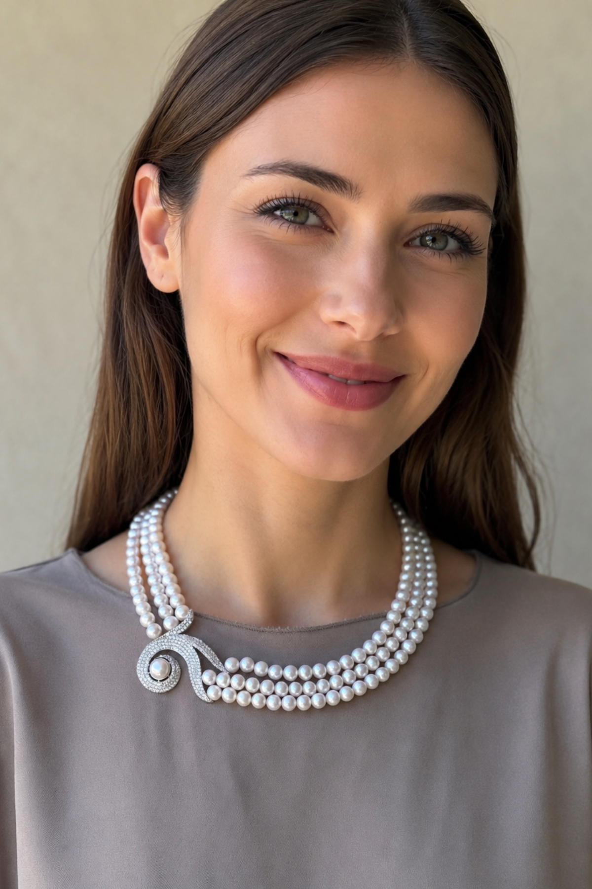 A woman wearing a Nadide doğal inci kolye showcasing a beautiful natural pearl necklace.