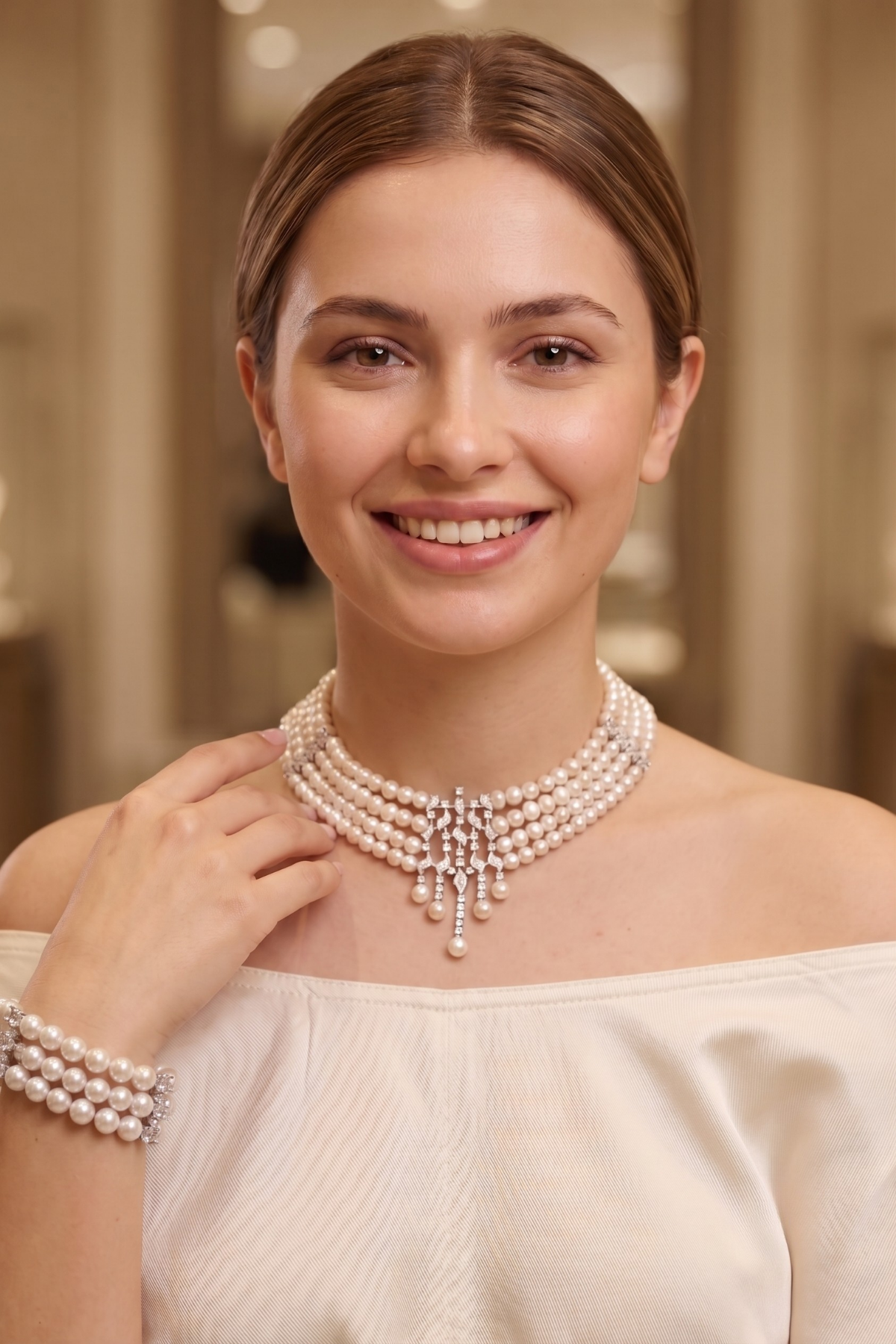 Nurbanu Doğal İnci Set modelinin boynunda doğal inci set ile zarif görünümü.